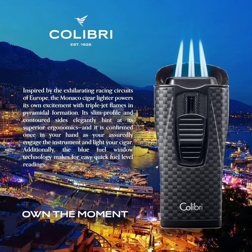 Miniatura 2 de Colibri Monaco - Encendedor de puros con llama triple chet, resistente al viento, ventana de combustible de ilusión azul, butano recargable (fibra