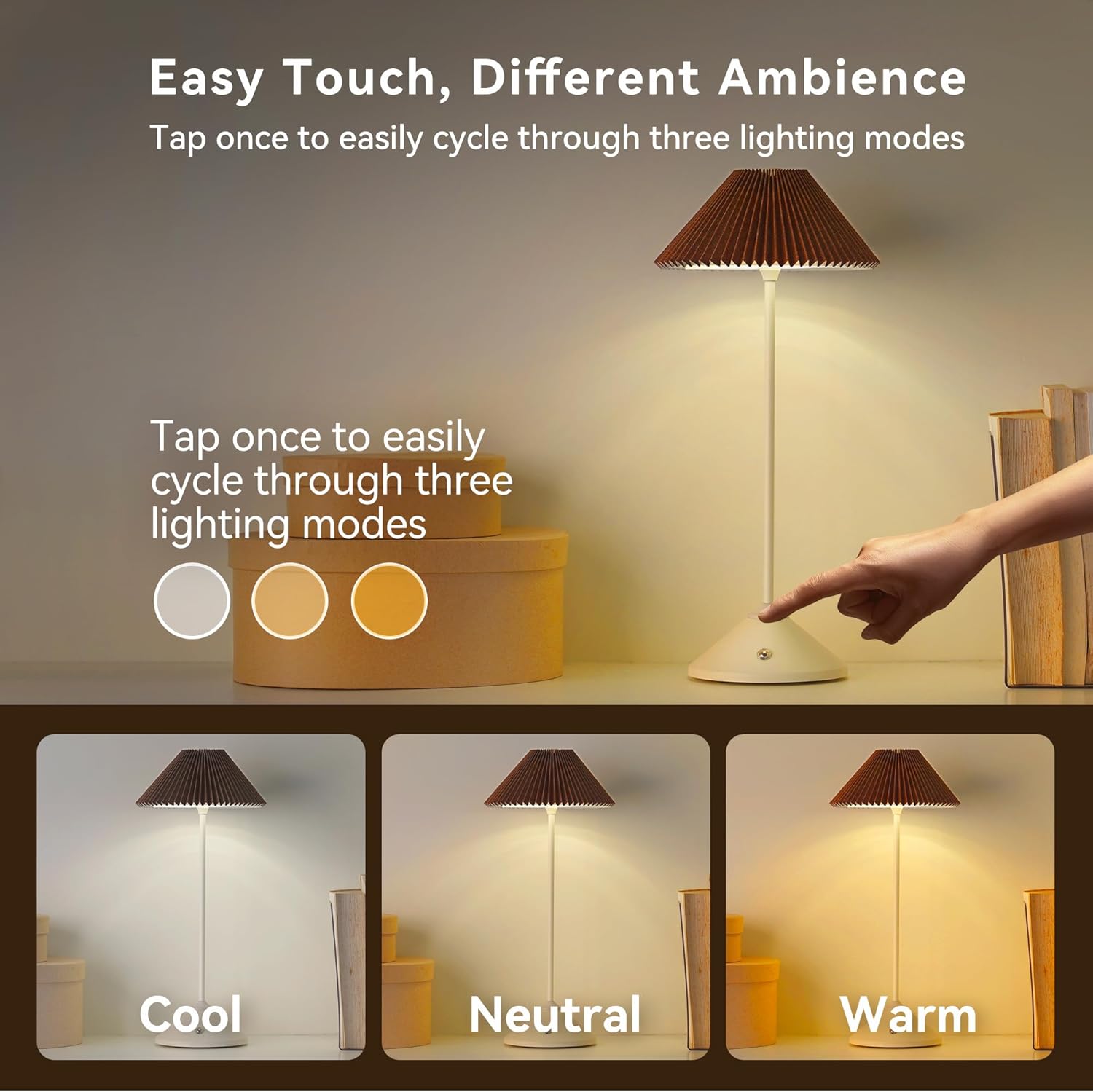 Cordless Rechargeable Touch-Control LED Table Lamp – 3 Adjustable Color Temperatures, Lightweight & Portable, Matte Metallic Finish, Waterproof, Battery Operated for Indoor& Outdoor Use (White&Brown)