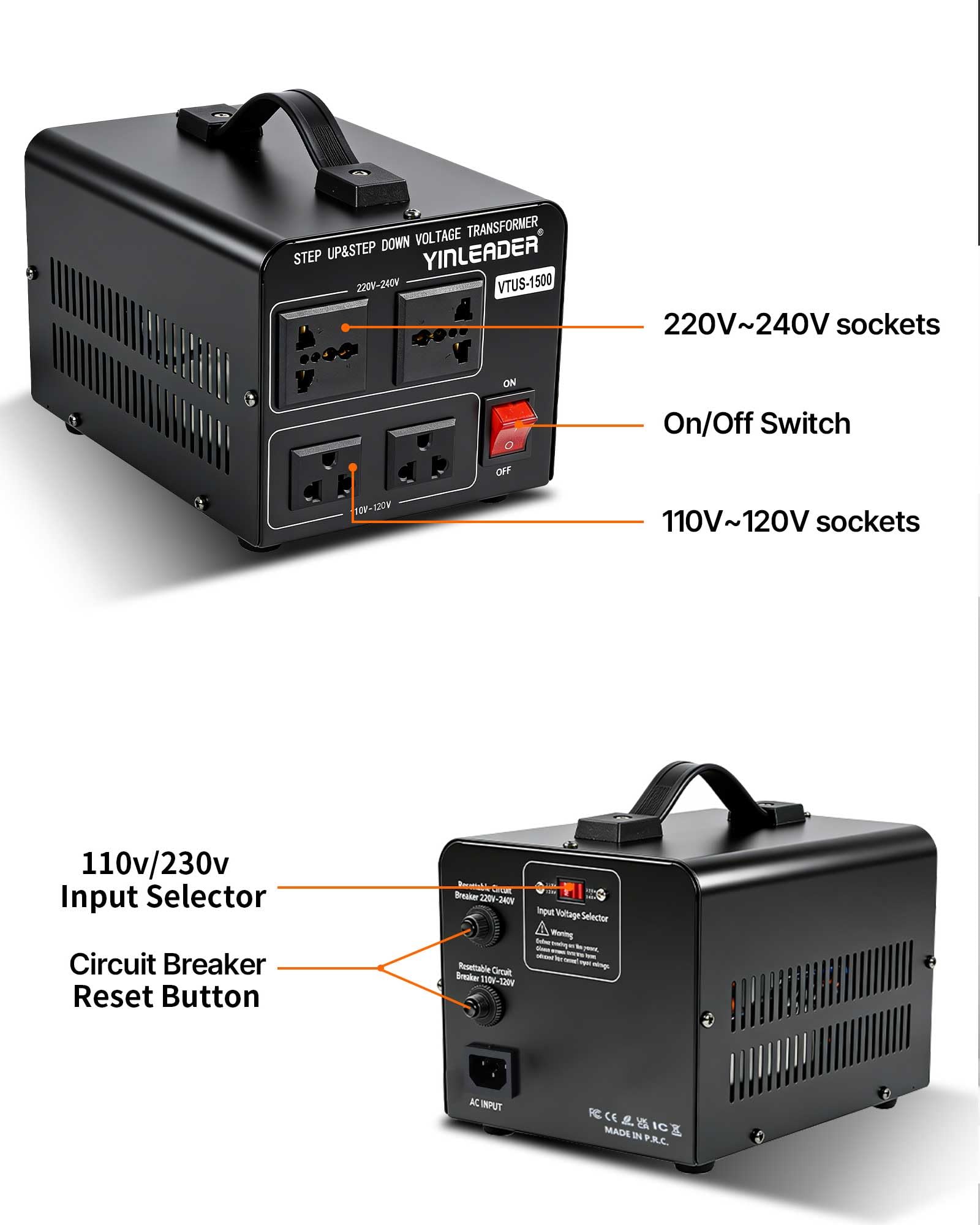 1500W 110V to 220V or 220V230V240V to 110V120V Power Converter | Step UpDown Voltage Transformer Converter for Use 220V Overseas AppliancesCircuit Breaker Protection product thumbnail 3
