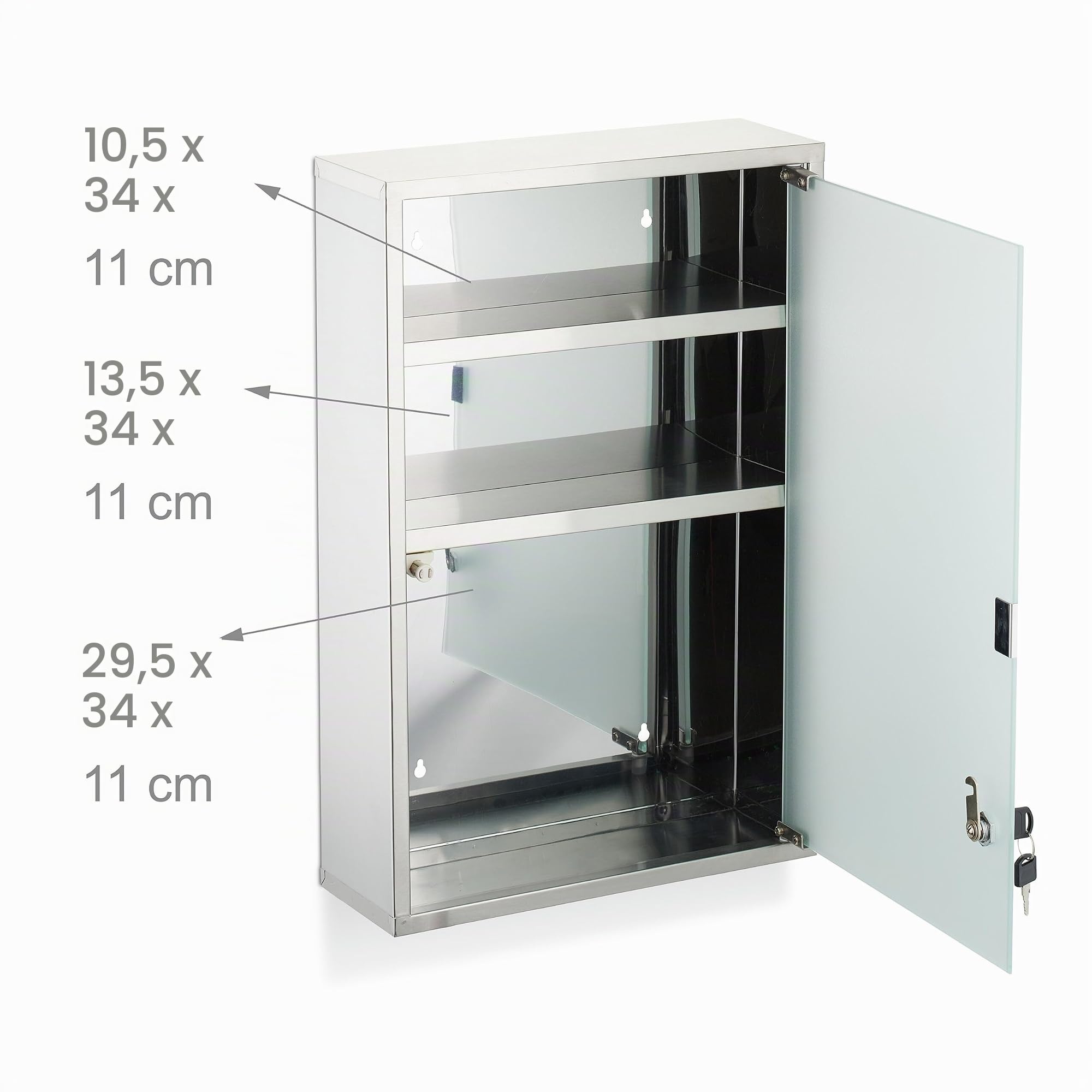 Relaxdays Armadietto Pronto Soccorso Medicinali, Cassetta Medicine con Chiave, HLP: 58x38x13 cm, Acciaio Inox e Vetro