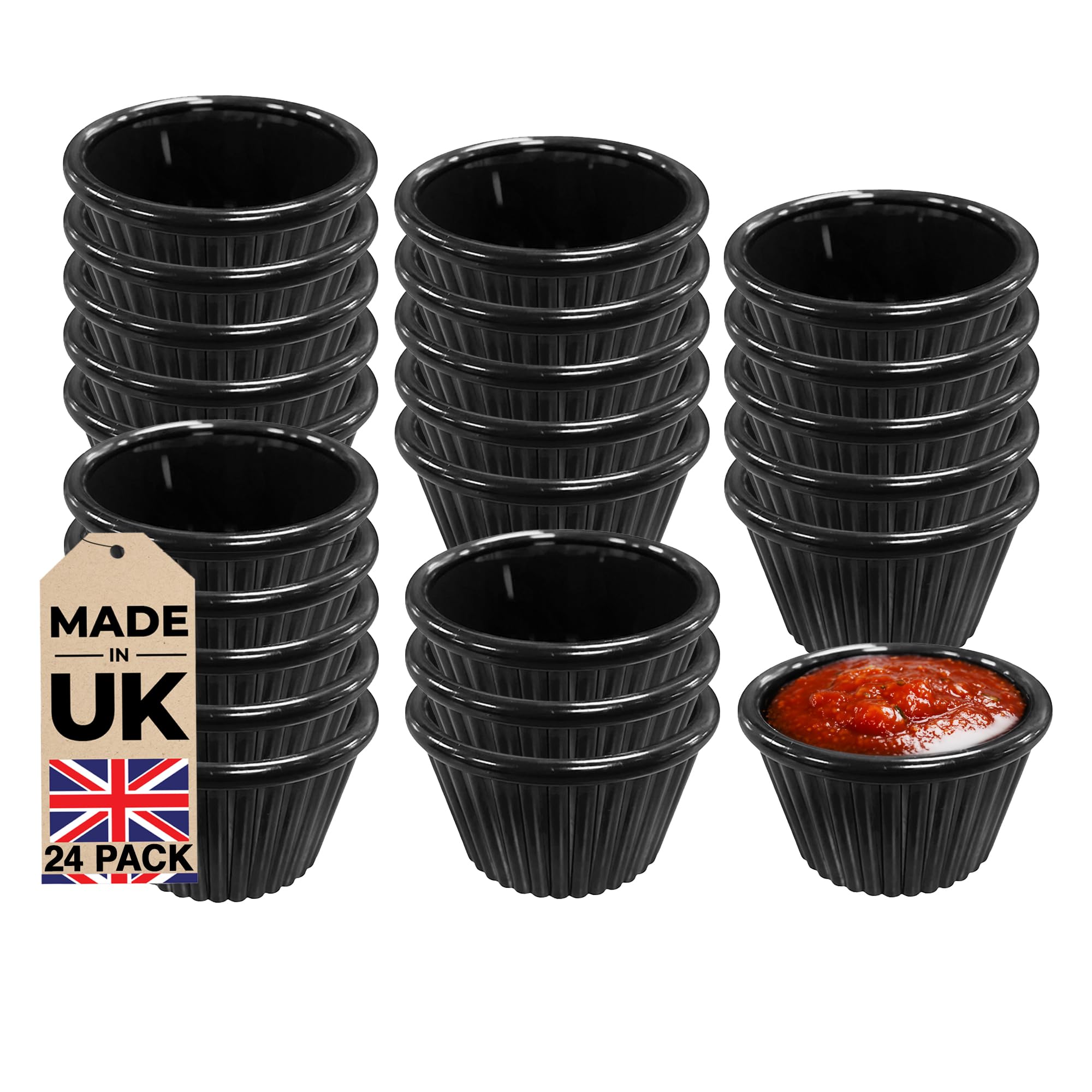 Chabrias Pack of 24 Fluted Traditional Ramekins Condiment Pots, Sauce Ramekins, Dip Bowls, Tough Plastic Sauce Pots, Made in England (Black 1.5oz)