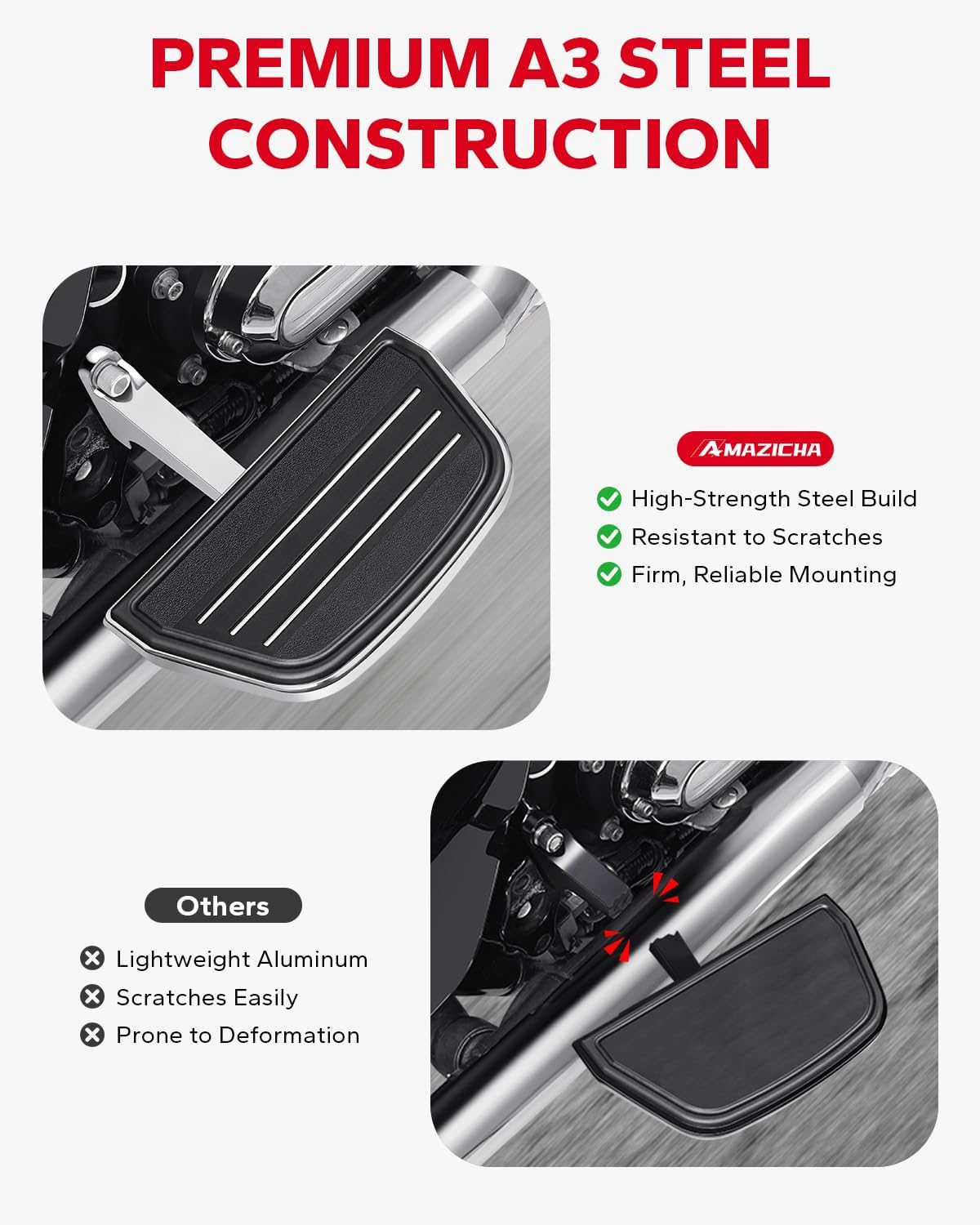 Amazicha Motorcycle Passenger Floorboard Footboard with Mount Bracket Kit Fit For Harley Touring Road King Street Glide Road Glide Electra Glide Ultra Classic 1993-Later Streamliner Style Chrome