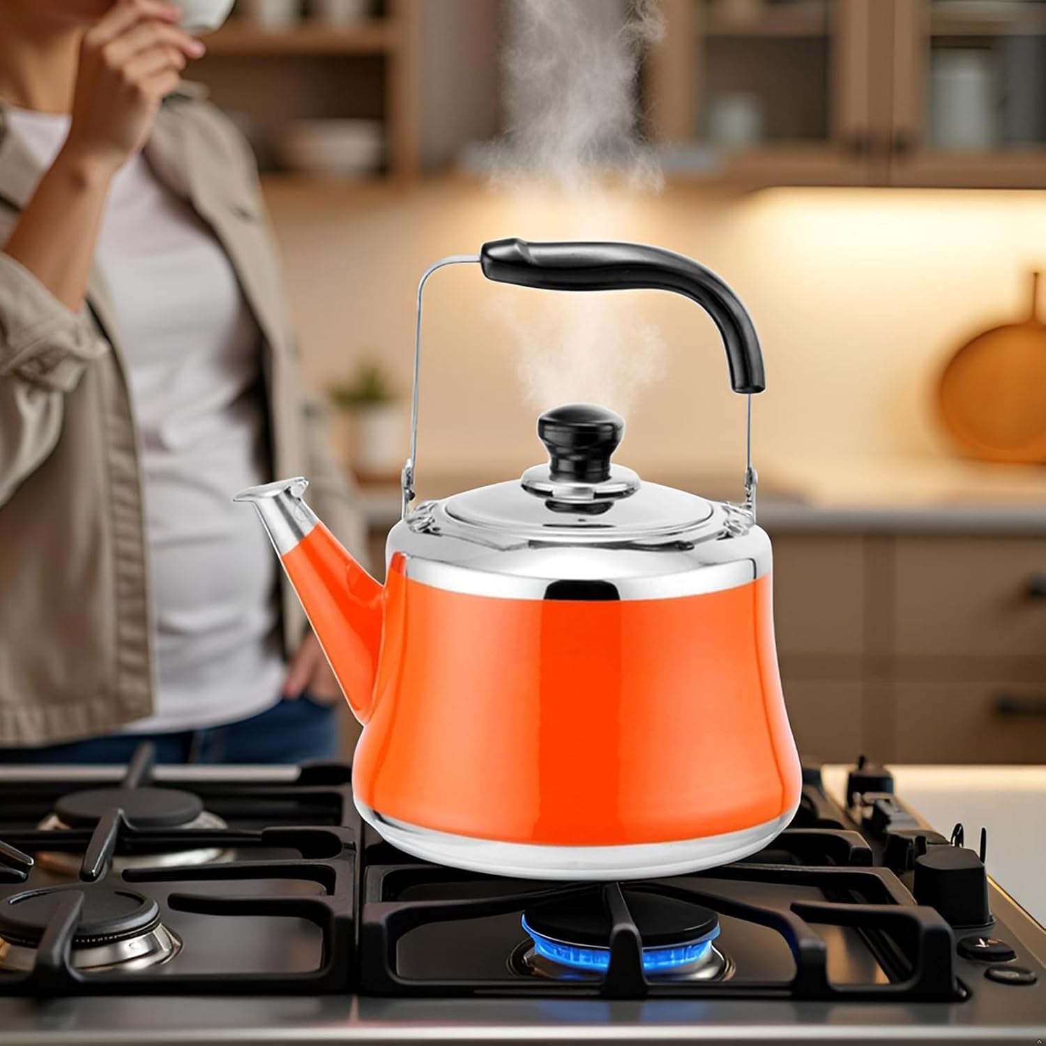 Orange Whistling Tea Kettle for Stove Top, 304 Food Grade Stainless Steel Tea Pot Stove top with Ergonomic Folding Handle Compatible Gas, Induction, Electric Stoves(1L)