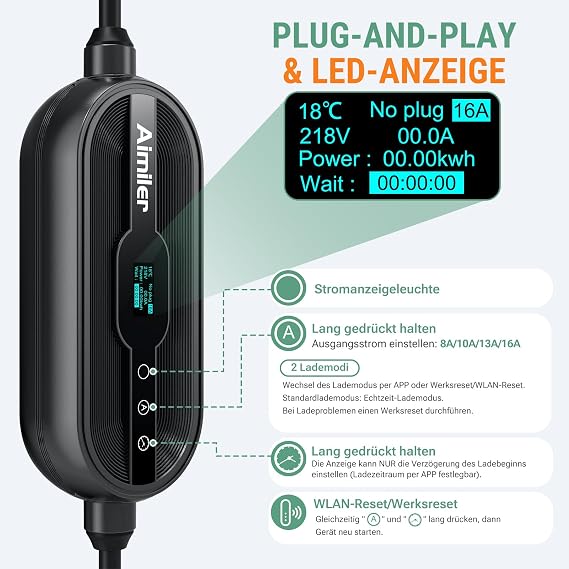 AIMILER Wallbox 11 kW with App 400 V (8-16 A) 3 Phase 7.6 m Mobile Charging Station CEE Type 2 Charging Cable IP66 OLED EV Charger Portable/Wall Mounted for Model Y/3 ID.3/4/5 MG4 Zoe and Other