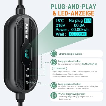 AIMILER Wallbox 11 kW with App 400 V (8-16 A) 3 Phase 7.6 m Mobile Charging Station CEE Type 2 Charging Cable IP66 OLED EV Charger Portable/Wall Mounted for Model Y/3 ID.3/4/5 MG4 Zoe and Other