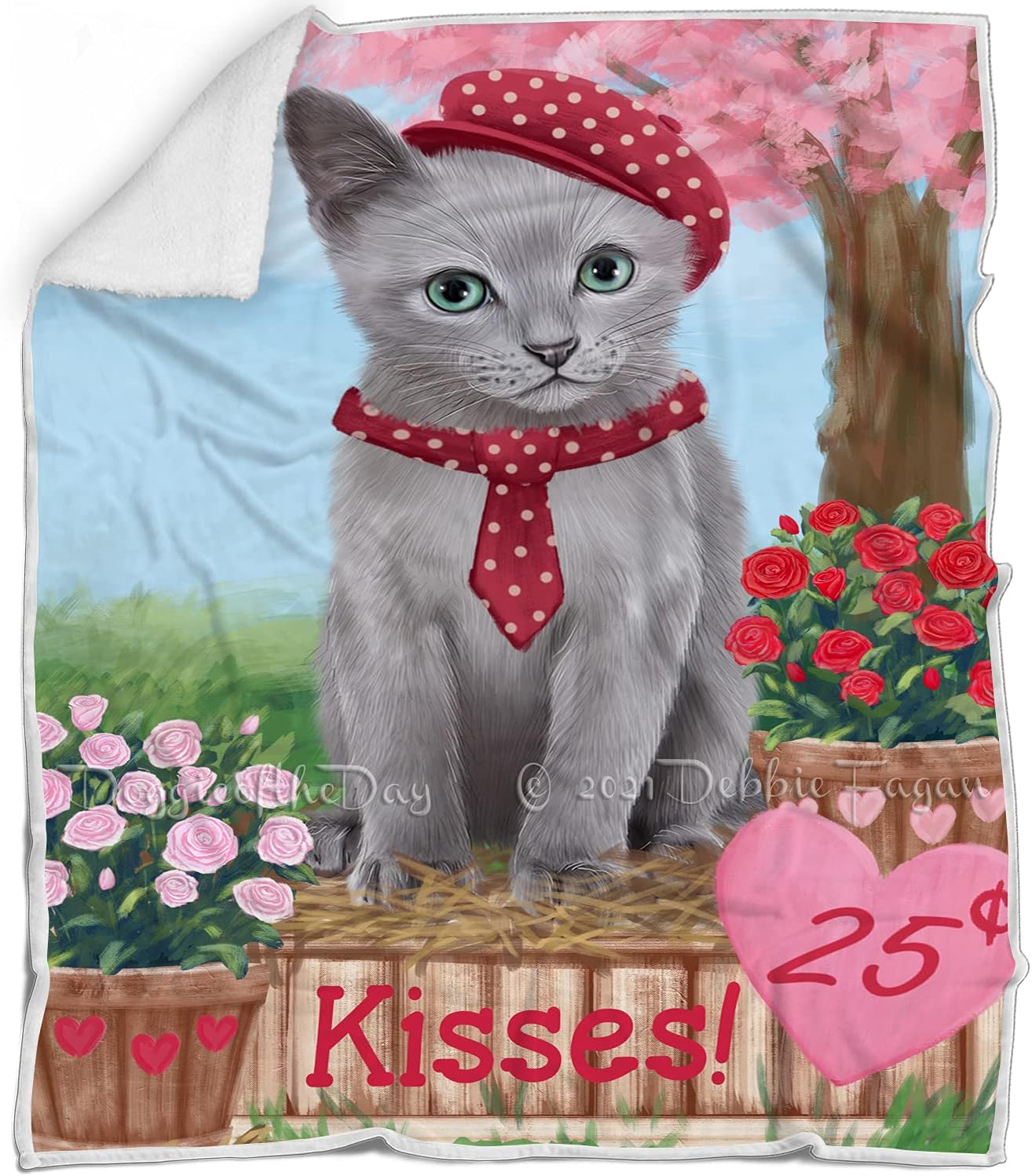 Rosie 25 Cent Kisses Russian Blue Cat Blanket - Lightweight Soft Cozy and Durable Bed Blanket - Animal Theme Fuzzy Blanket for Sofa Couch BLNKT61621 (50x60 Sherpa)