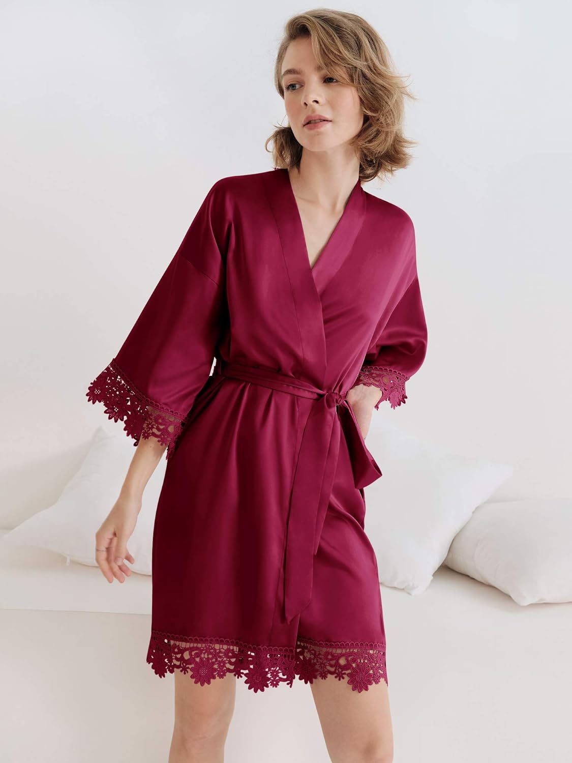SIORO Women Silk Short Kimono Robes, Lightweight Satin Lace Robe, Soft Bath for Shower, Nightgown, Wedding Party, Bridesmaid - Image 5