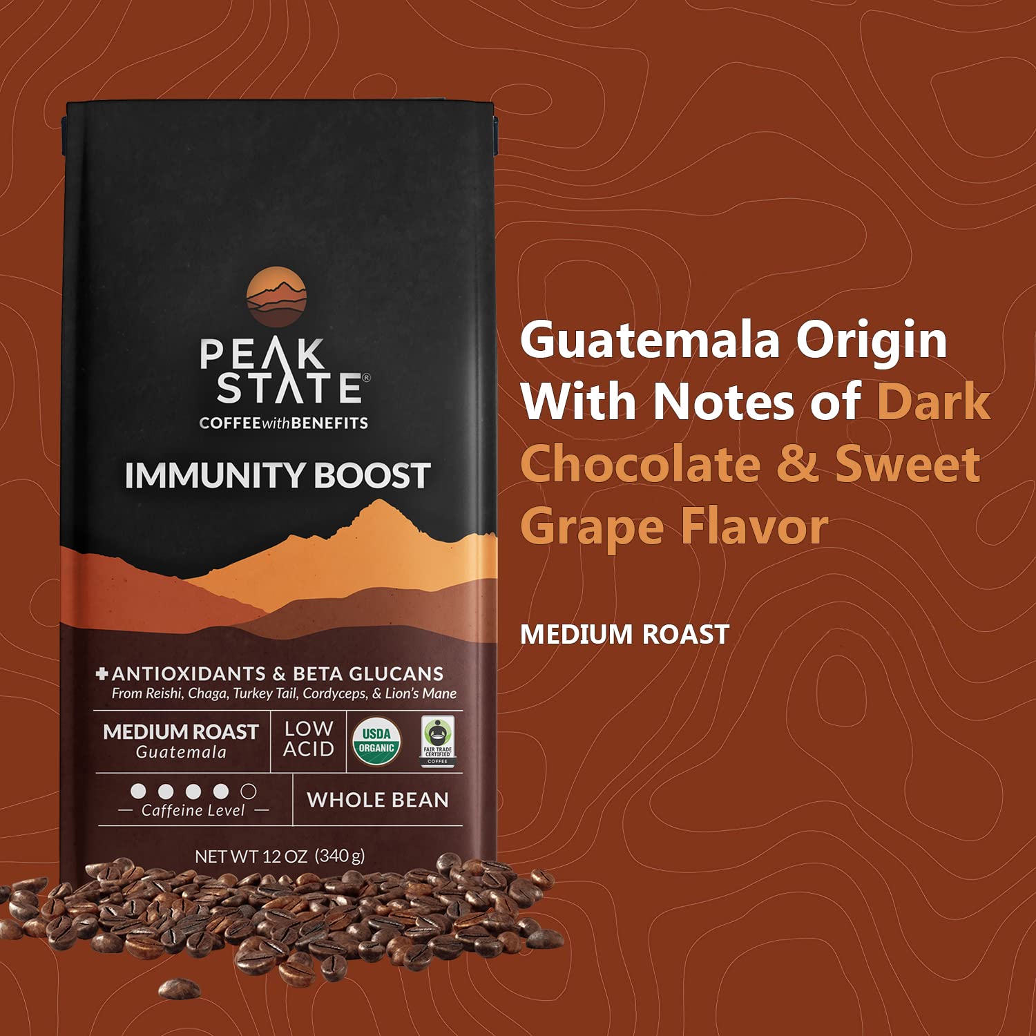Peak State Immunity Boost Coffee with Benefits, Medium Roast – Mushroom Coffee, Low Acid & Smooth, Dark Chocolate & Sweet Grape, Organic Whole Bean Coffee, Gluten Free, 12 oz. Each