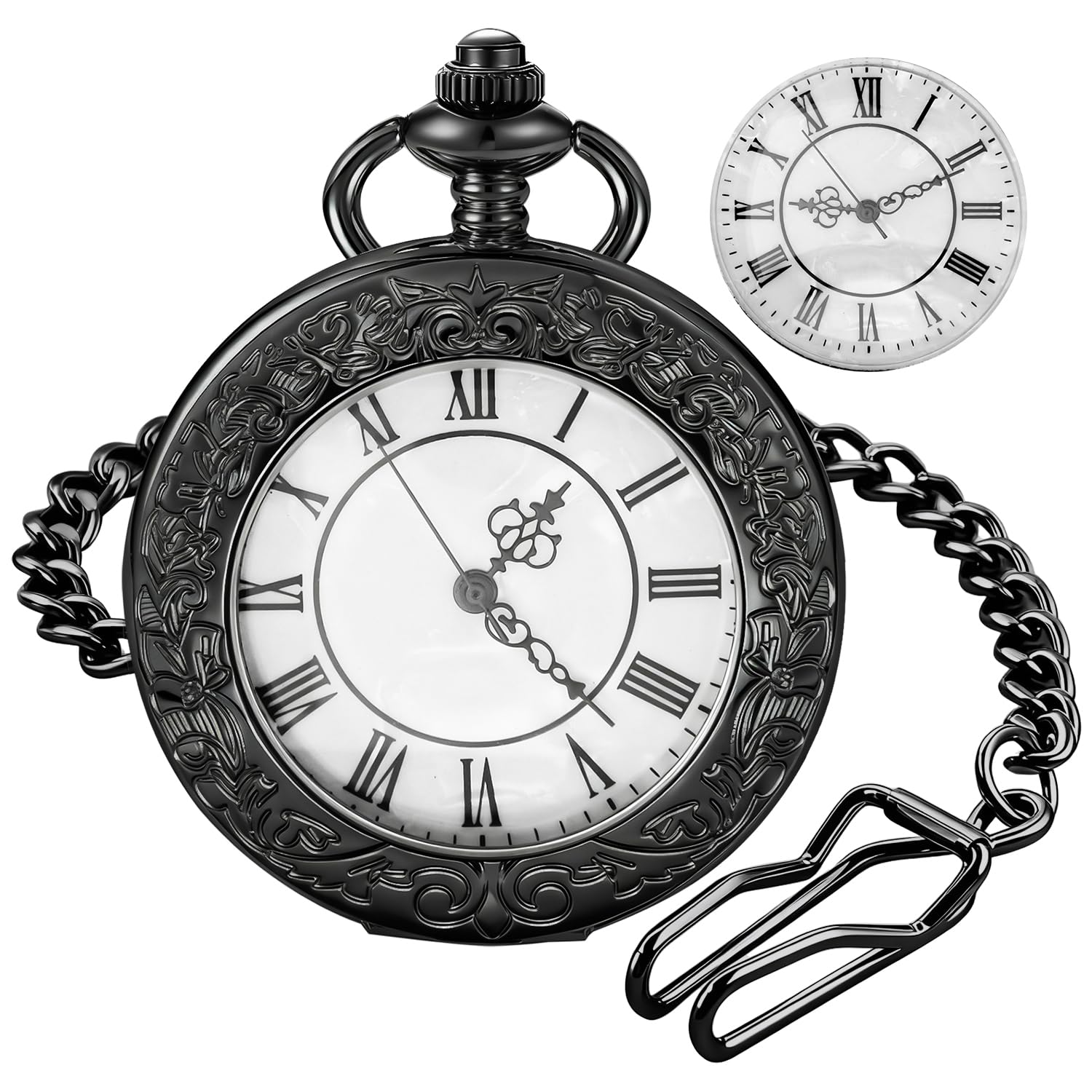 Black Transparent Cover with White Roman Numeral Dial with Wave Texture Men's Quartz Pocket Watch-image-28