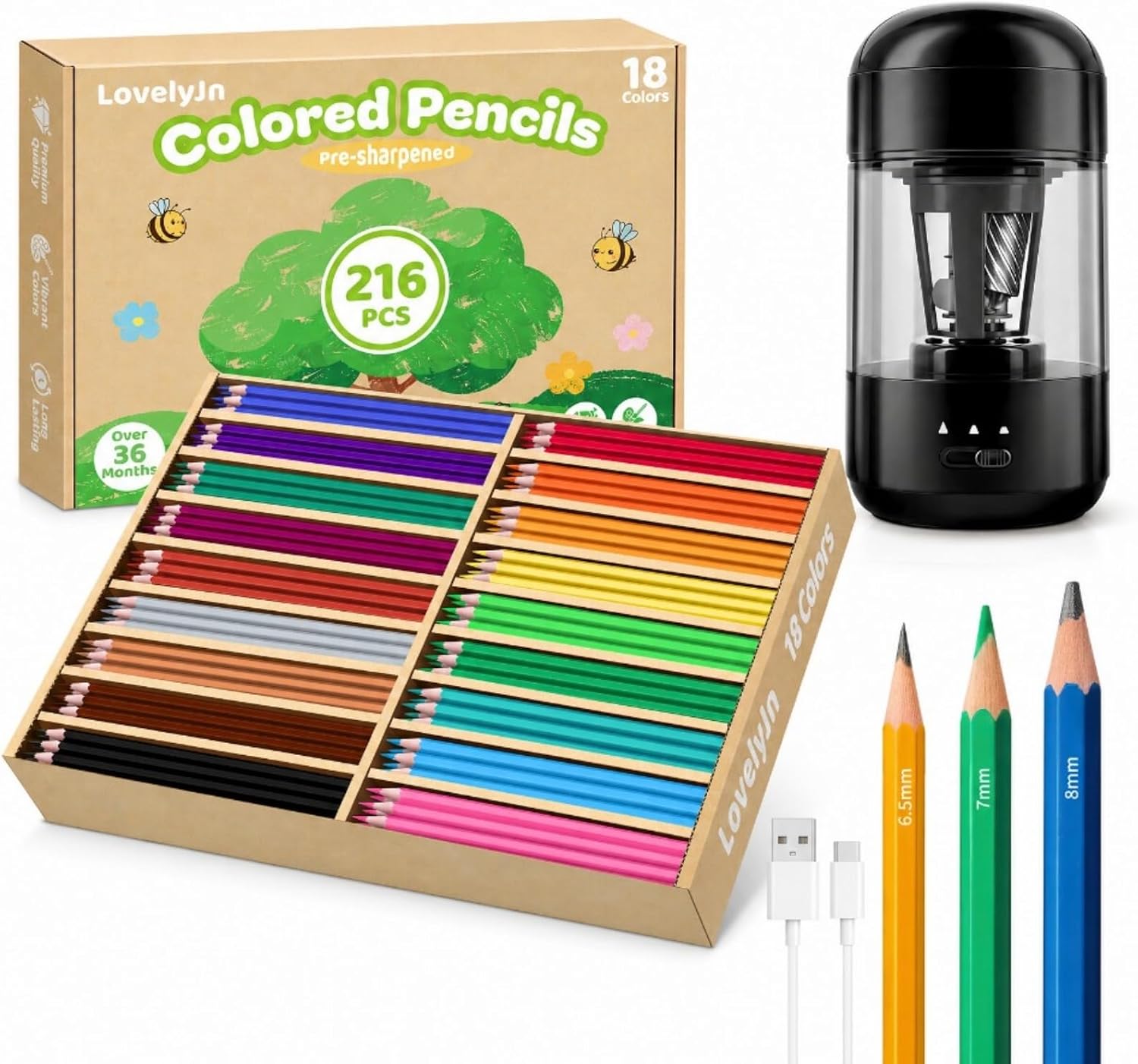 Electric Pencil Sharpener with 216 Count Colored Pencils Bulk Set for Kids