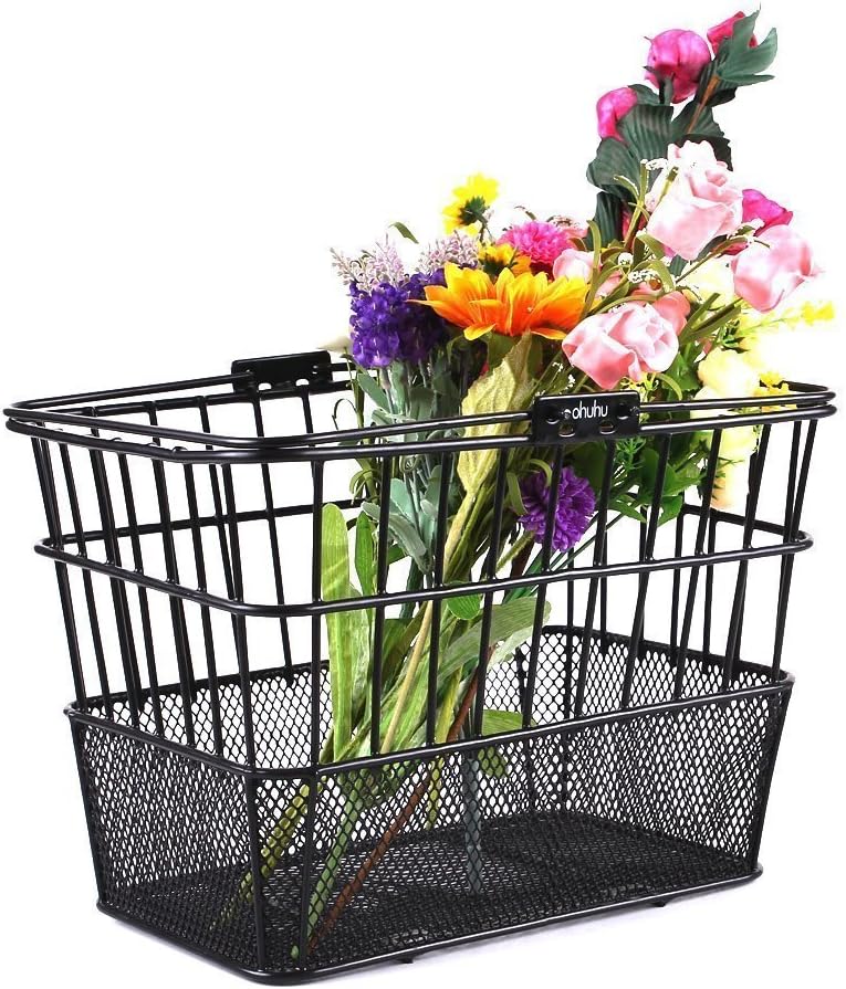 Ohuhu Bike Basket Rust-Proof Quick Release Front Handlebar Bicycle Lift Off Baskets with Holder, Mesh Bottom (Black, 2 Pack)