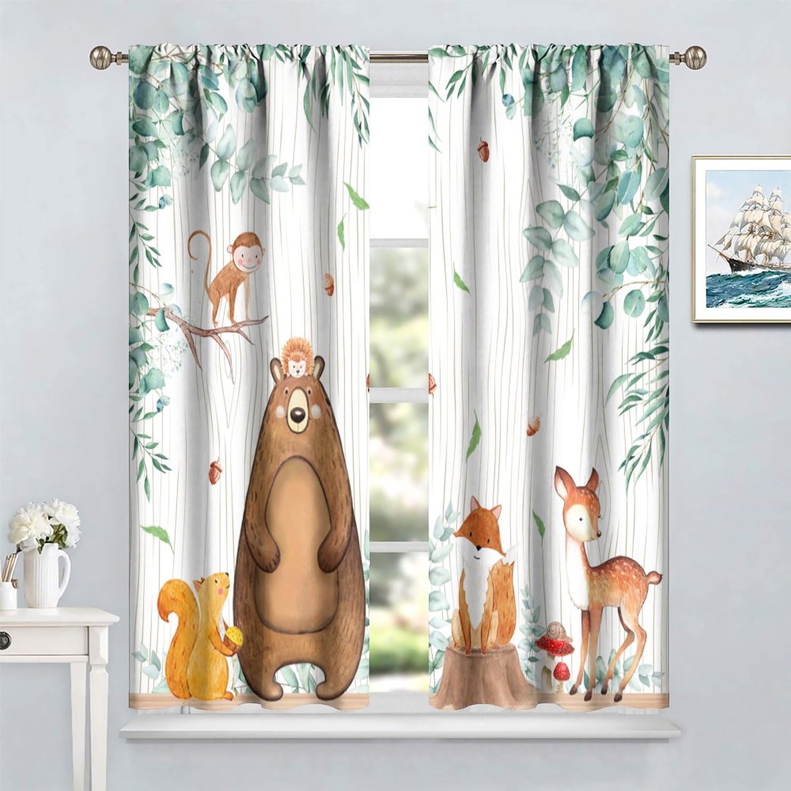 Kids Forest Animal Curtains - 2 Panels, 42x45 Inch, Cartoon Bear Deer Fox, Nursery Bedroom Blackout Curtains - View #4