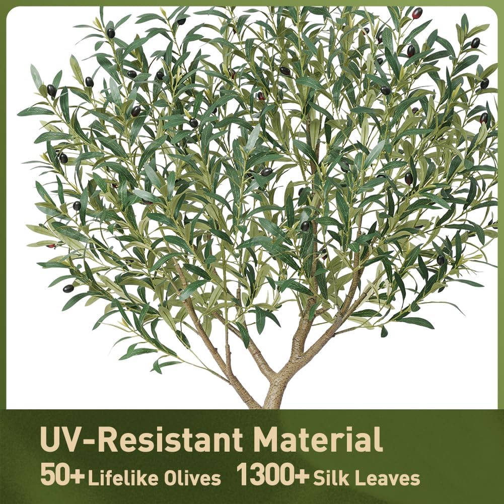 Artificial Olive Tree 6FT, UV Resistant Tall Fake Tree Indoor Outdoor with White Taper Planter & Pebbles – Potted Large Faux Plant for Modern Home Decor Living Room Office Patio, VN156