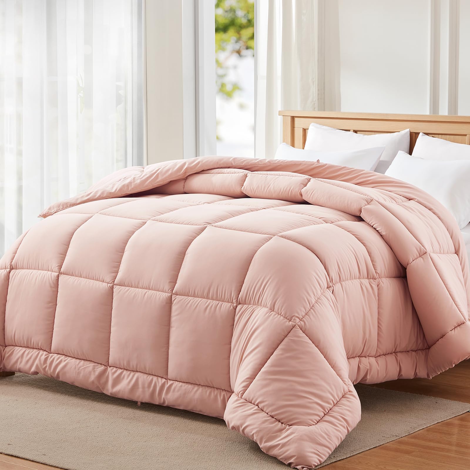 Pink Comforter for Queen Size Bed, All Season Blush Down Alternative Comforter Duvet Insert for Women, Lightweight Bedding Comforters with 8 Tabs (Pink, 88x88 Inch)