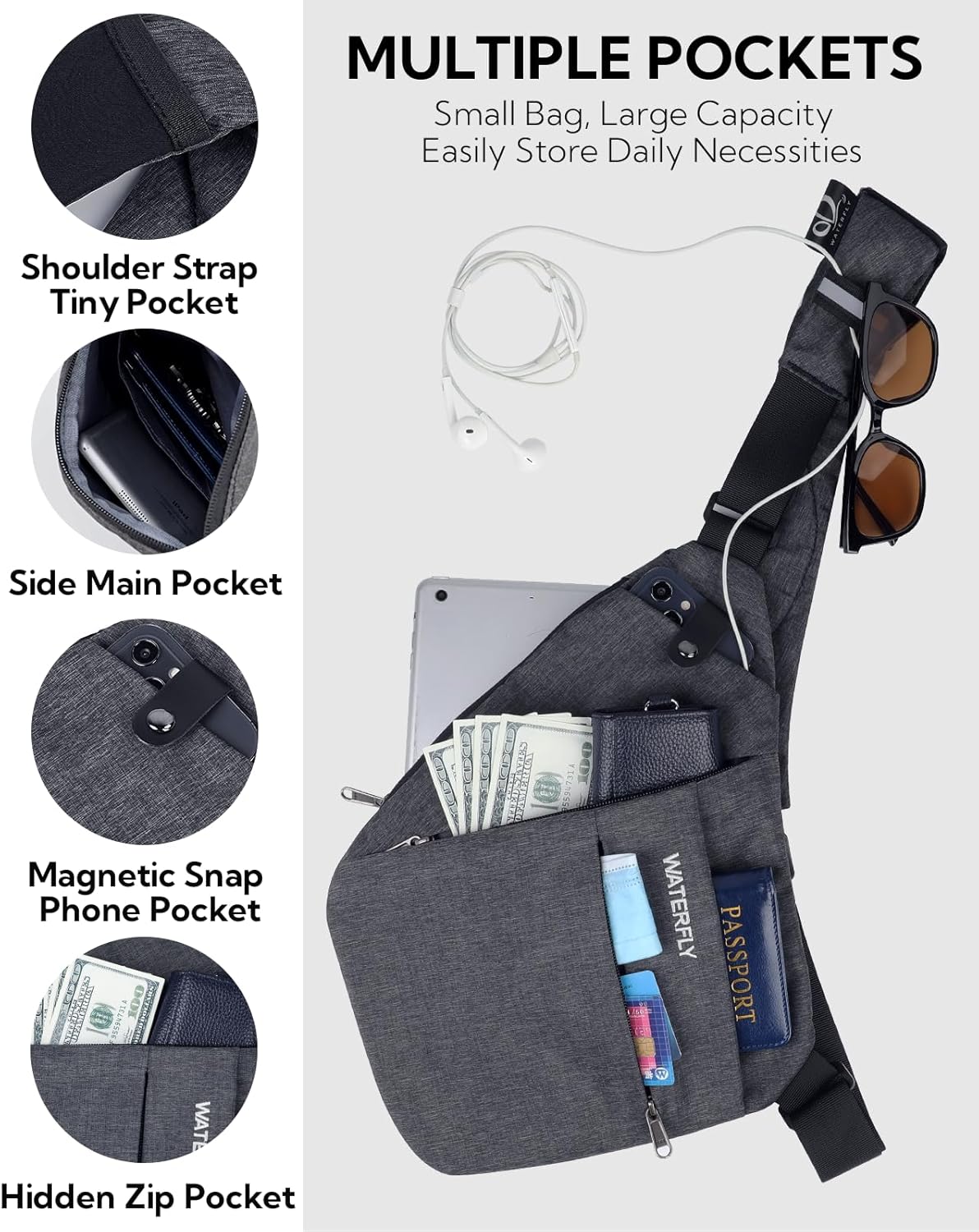 WATERFLY Sling Bag Crossbody Chest Bag Lightweight Casual Daypack Water Resistant Chest Shoulder Bag for Men Outdoor Travel Daily Use (Dark Gray) - Image 4