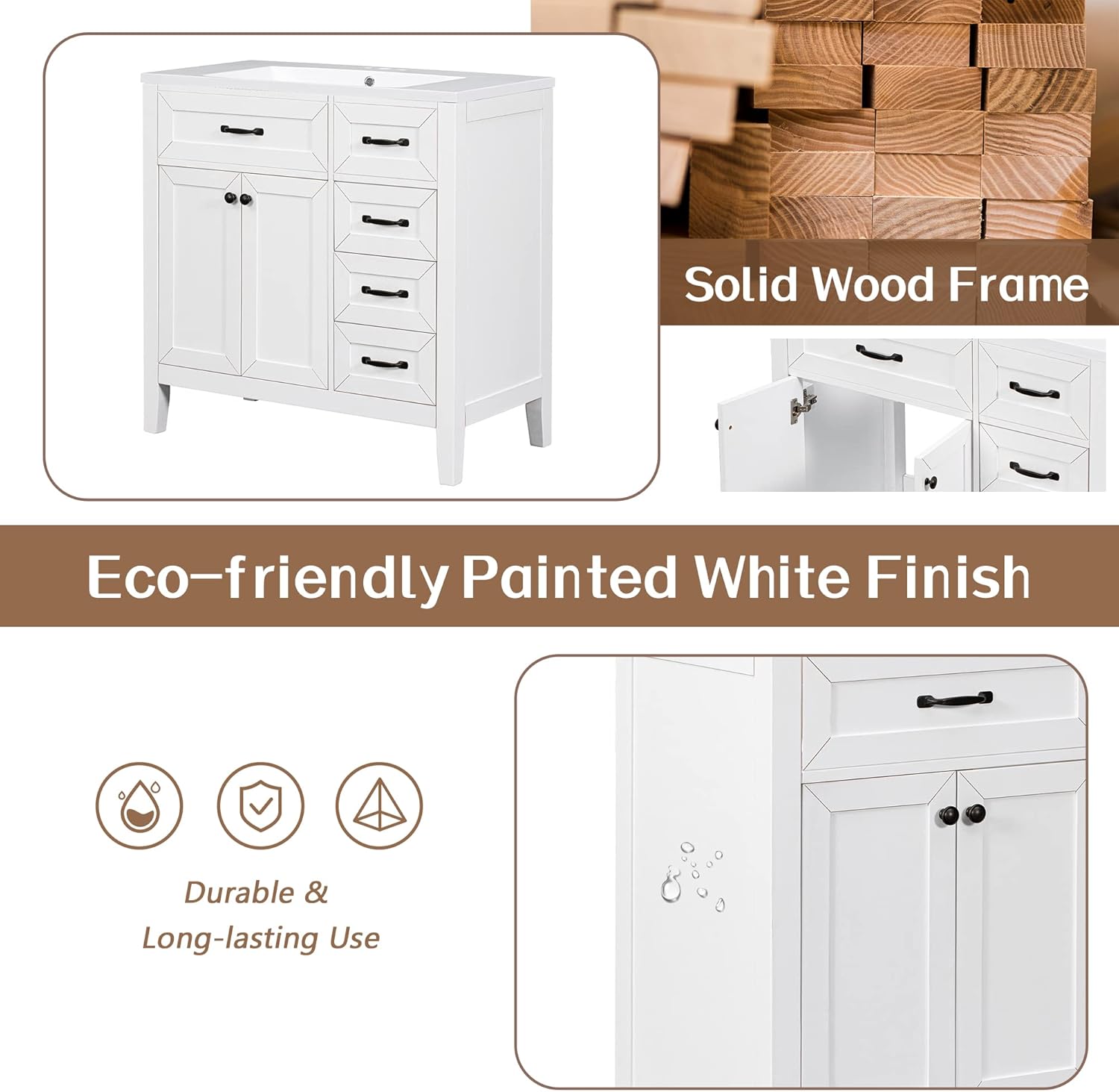 Harper & Bright Designs 36" Bathroom Vanity Without Sink, Free Standing Wooden Bathroom Cabinet with 2 Doors Cabinet and 3 Drawers for Bathroom, White (Sink Basin Not Included)