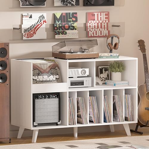 LELELINKY Large Record Player Stand, Turntable Stand with Storage, Vinyl Holder with Display Area, Record Player Table Holds Up to 450 Albums, Record Holder for Music Room Living Room - White