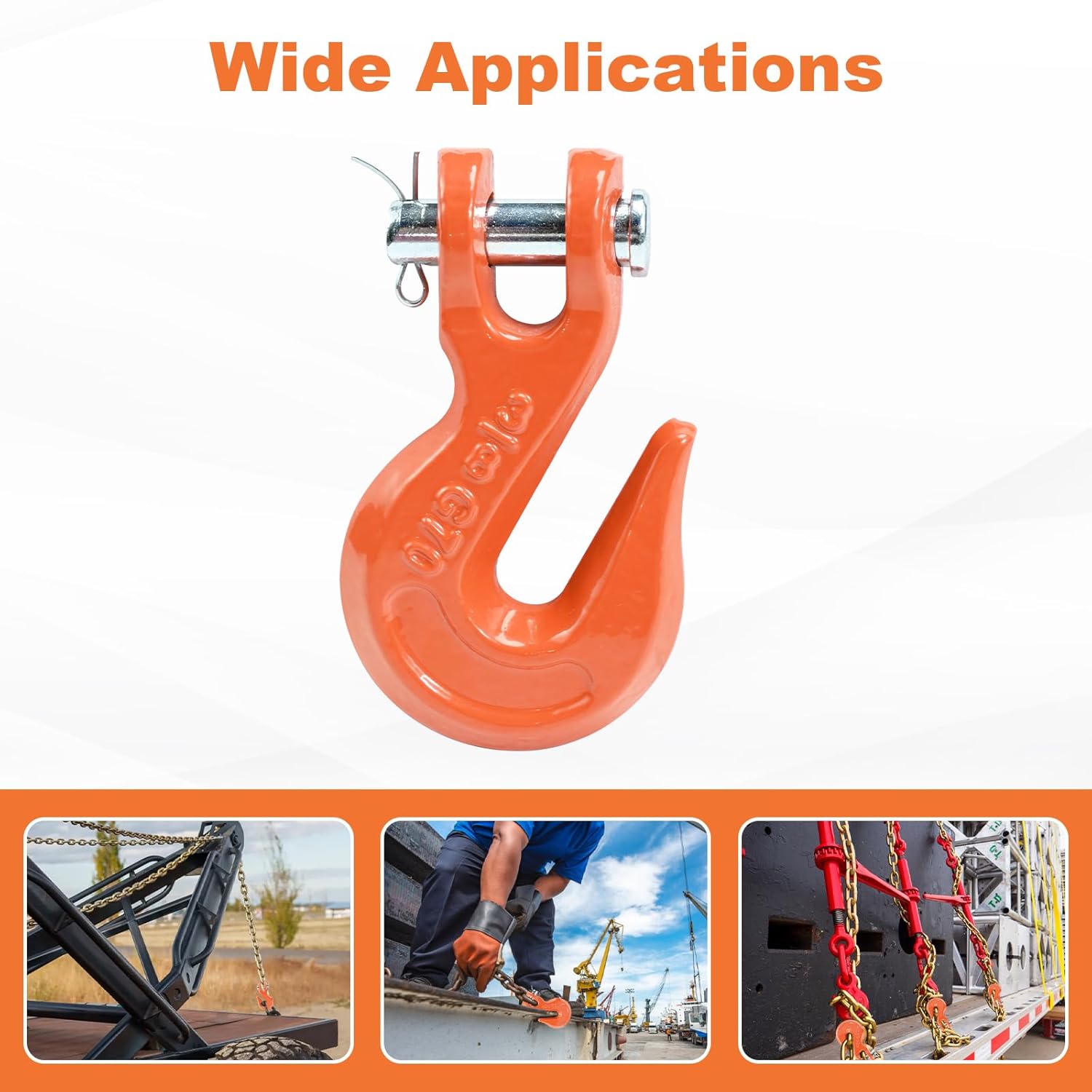 Leero 3/8" G70 Clevis Grab Hook, 6,600 lbs Working Load Limit (2.99 Tons), Heavy Duty Forged Steel Tow Hook for Truck Trailer Chain, Orange Powder Coated (4-Pack)