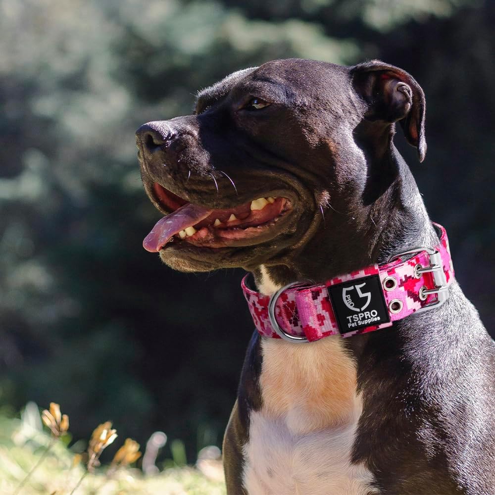 TSPRO Tactical Dog Collar, Adjustable, with Patch & Double Needle Metal Buckle, Heavy Duty for Large to Extra Large Dogs, Durable for Walking, Running, Hiking & Training (Camo Pink L-XL)