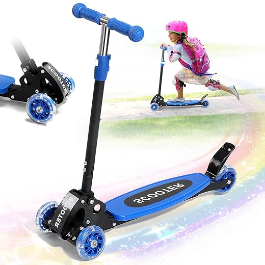 Kick Scooter for Kids 3-7 Ages - Light Up 3 Wheel Scooters,Lean-to-Steer,Three Adjustable Height Scooter for Kids, Wide Dual Rear Wheels,Safe Stable Ride for 3-5,5-7 Year Old Girl Boy Kid
