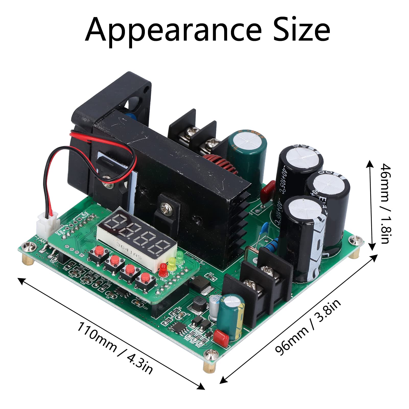 Moduł wzmacniający Wyświetlacz cyfrowy Konwerter regulatora napięcia Regulowany zasilacz z wentylatorem chłodzącym do projektów DIY dla elektroniki 110 x 96 x 46 mm