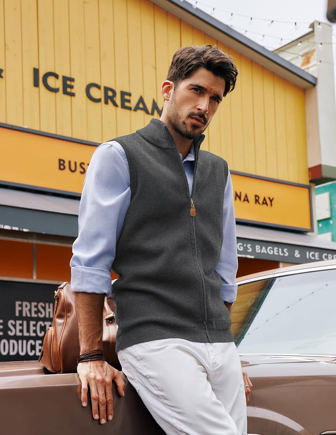 PJ PAUL JONES Mens Sweater Vest Full-Up Knitted Vests Casual Stand Collar Vests Sweater - Image 2