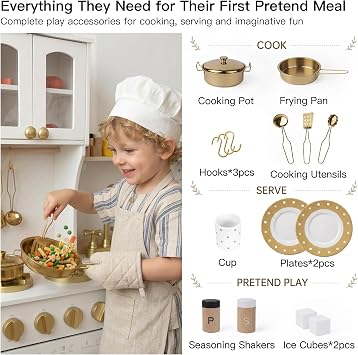 White and Gold Wooden Play Kitchen with Plate Rack, Clock and Large Storage