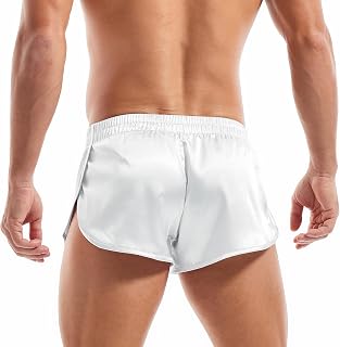 Mens Sexy Satin Shorts Large Split Side Boxers Silky Pajamas Sleepwear with Pouch Liner