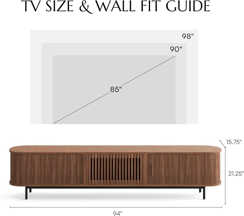 POVISON 94.49" Wood Fully-Assembled Sliding Tambour Door TV Stand, Walnut image 3