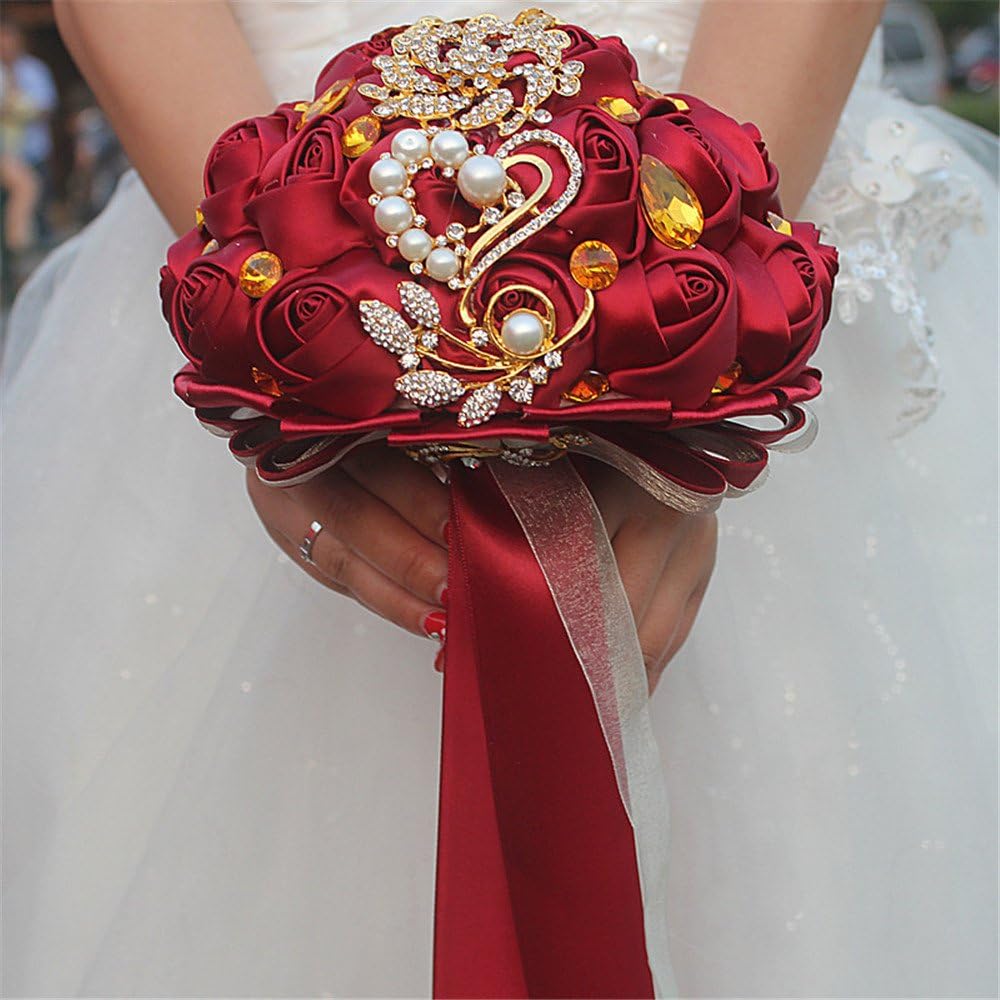 MOJUN Romantic Customization Bride Wedding Holding Bouquet Ribbon Roses Bouquet Pearl Gold Diamond Rhinestone Decor(Dia:21cm, Burgundy)