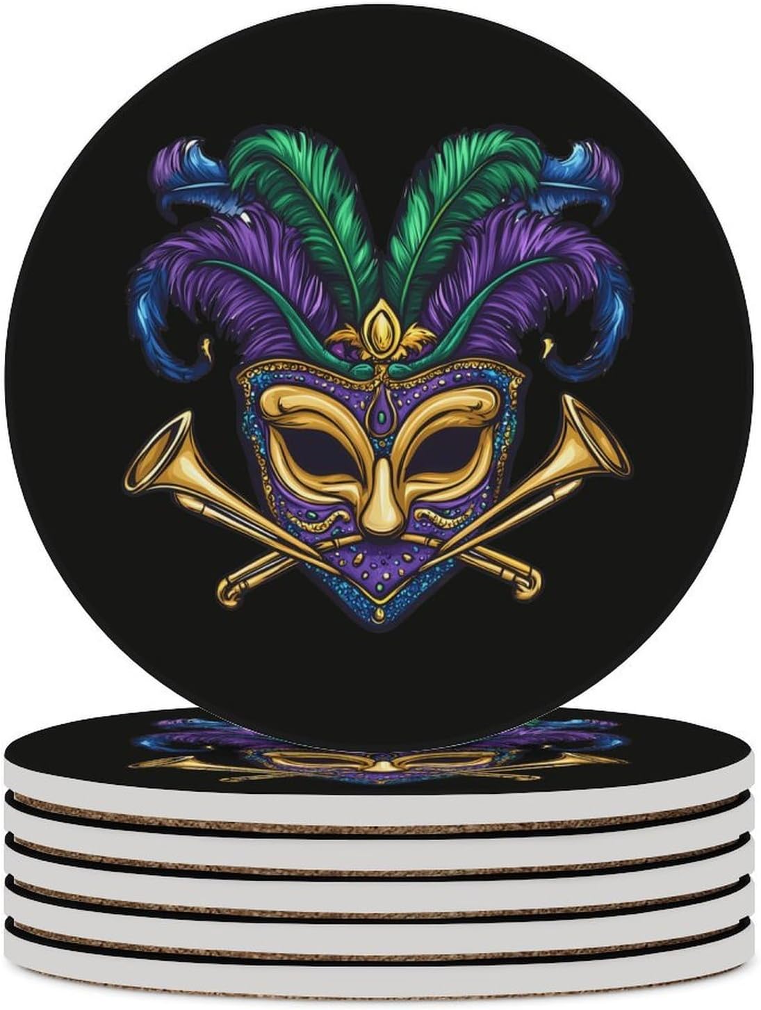 Mardi and Gras Mask Coasters for Drink Round Ceramic Coaster with Cork Base Home Decorative 6PCS