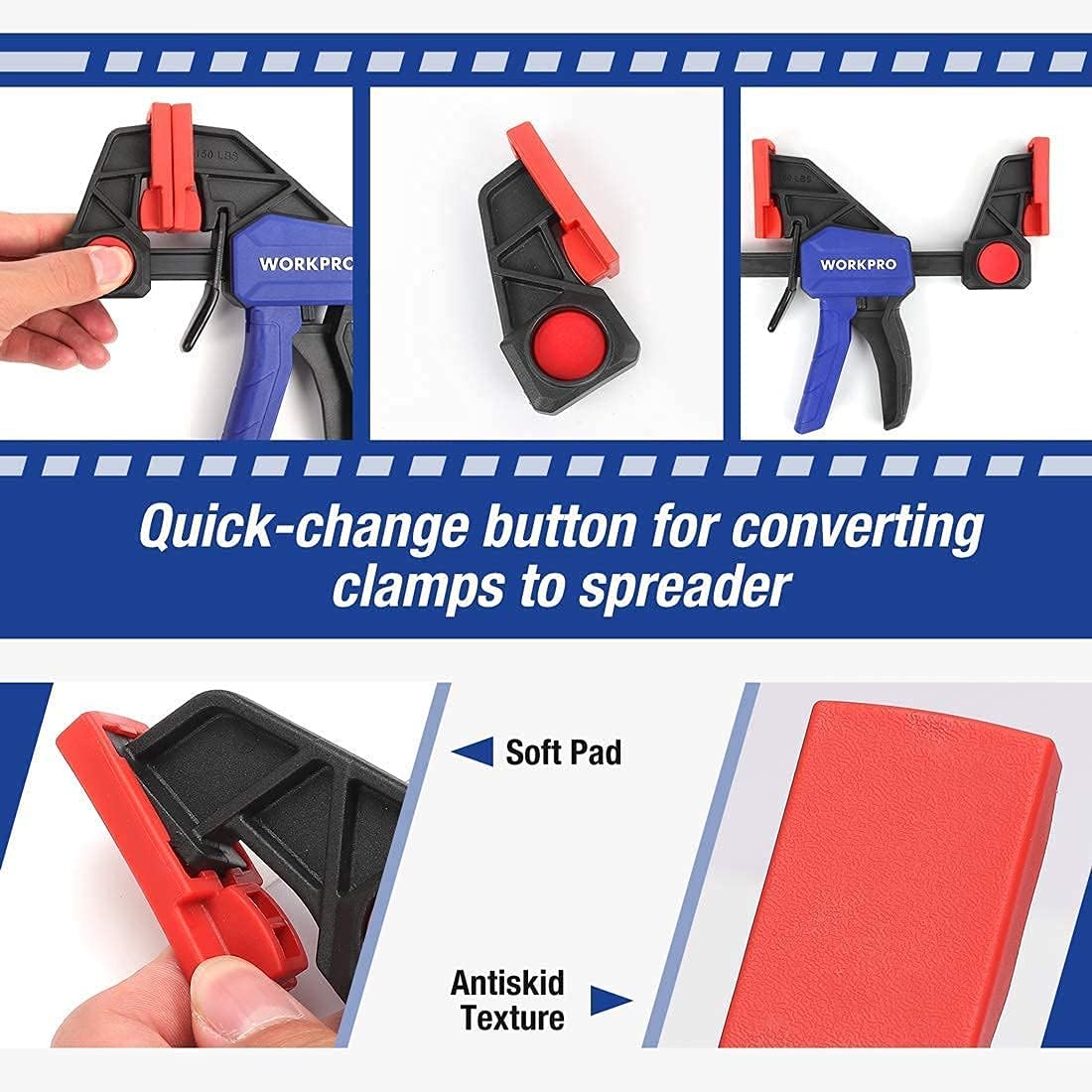 WORKPRO Rafter Square and Combination Square Tool Set, 6-Pack One-Handed Clamp/Spreader, Bar Clamps for Woodworking