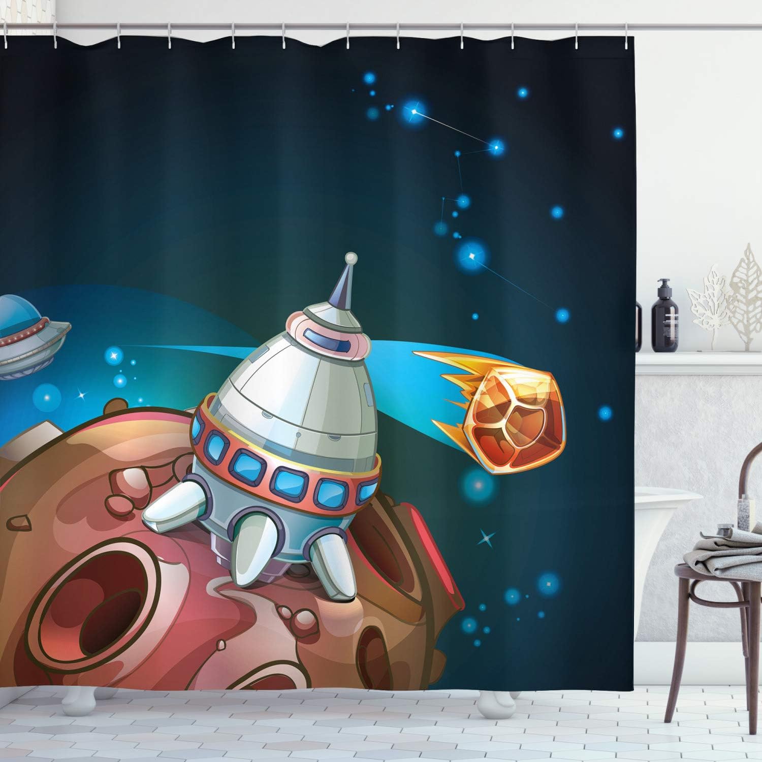 Ambesonne Cartoon Shower Curtain, Spacecraft Planets Outer Space Theme Rocket Stars Galaxy Cosmic Illustration, Cloth Fabric Bathroom Decor Set with Hooks, 69" W x 70" L, Multicolor Dark Teal