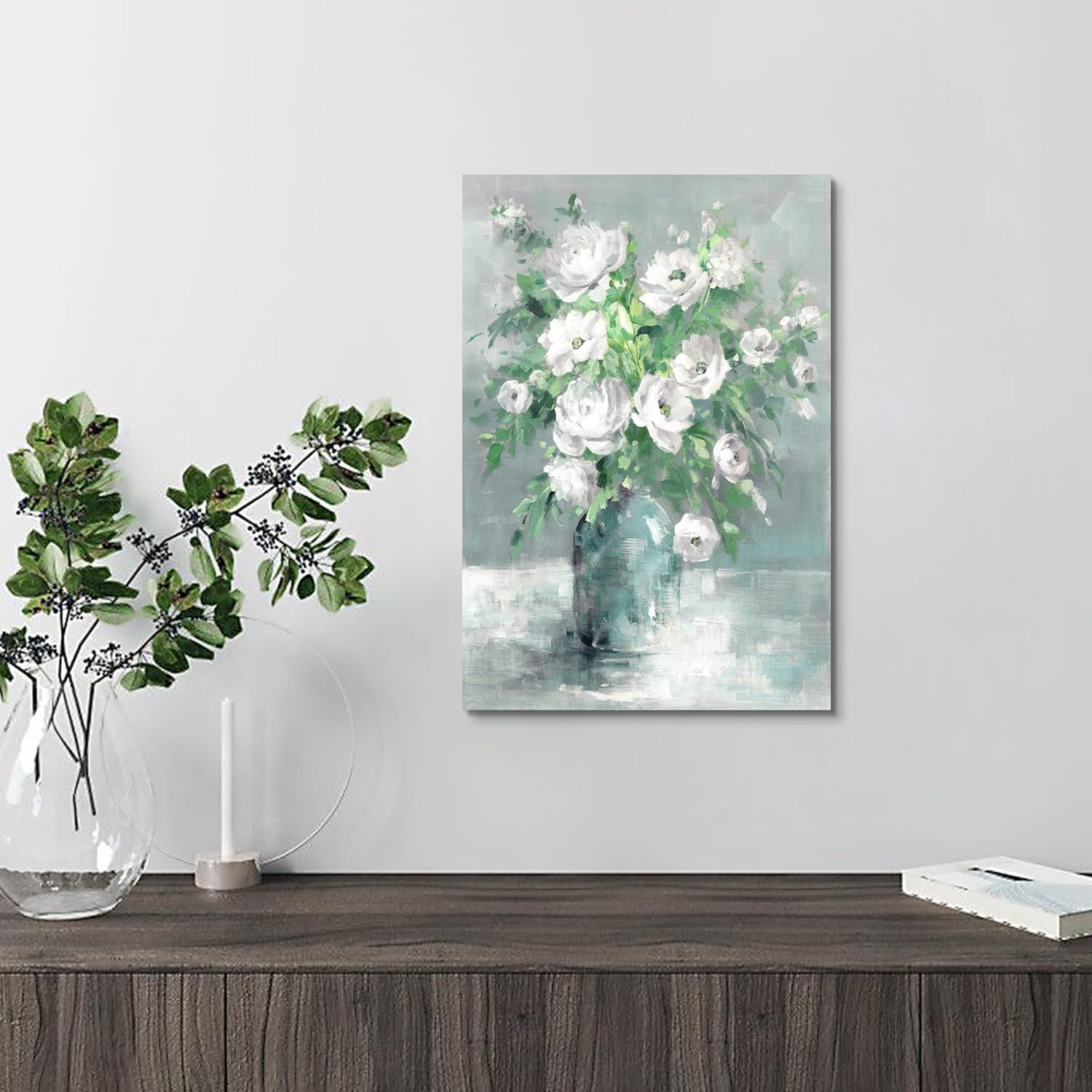 Floral Canvas Wall Art Painting White Rose Flower With Green Leaves Hand-Painted Texture Picture Artwork For Bedroom Bathroom Walls(12x16)
