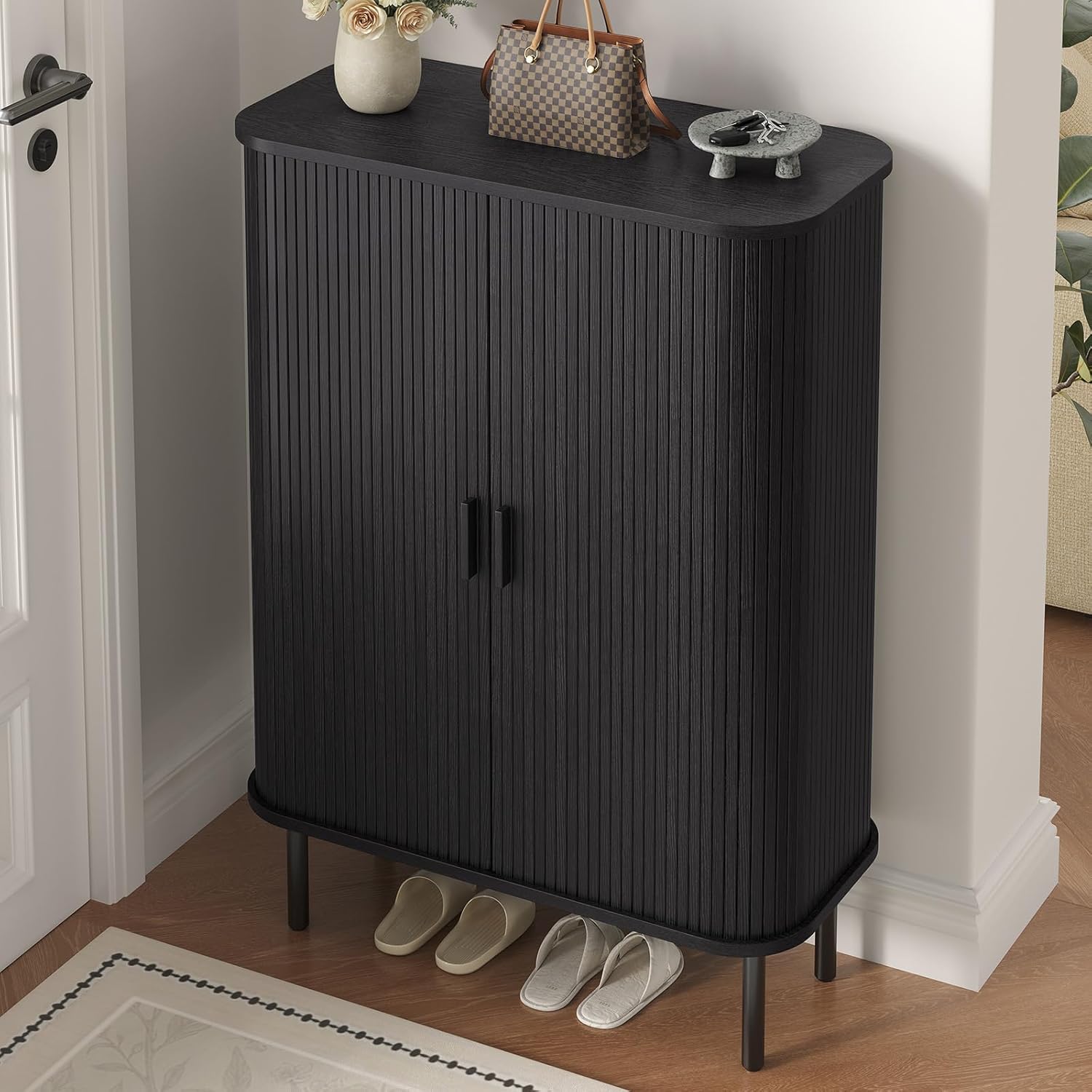 31.5'' Shoe Cabinet with Fluted Sliding Door, 6-Tier Wooden Shoe Storage Cabinet with 4 Adjustable Shelves, Mid-Century Modern Tall Shoe Rack Organizer Cabinet for Entryway, Hallway, Front Door, Black