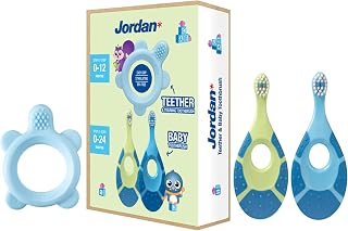 Jordan® | Step 0 Mordedor & Cepillo de Entrenamiento | Sin BPA, higiénico, solución 2 en 1 para la dentición y el cepillado temprano de bebés | Verde | 1 mordedor + 2 cepillos de bebé Step 1