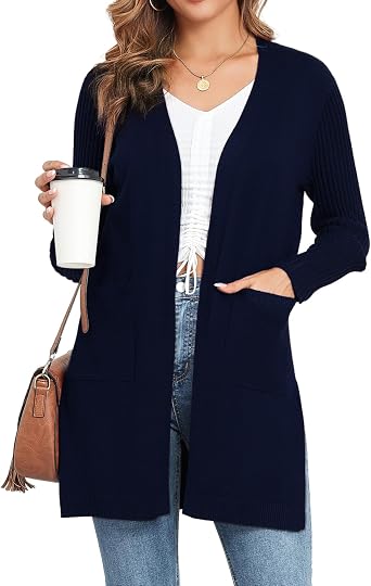 Womens Cardigan Sweaters V-Neck Long Sleeves with Two Pockets Side Split Hem Open Front Knit Casual Cardigan
