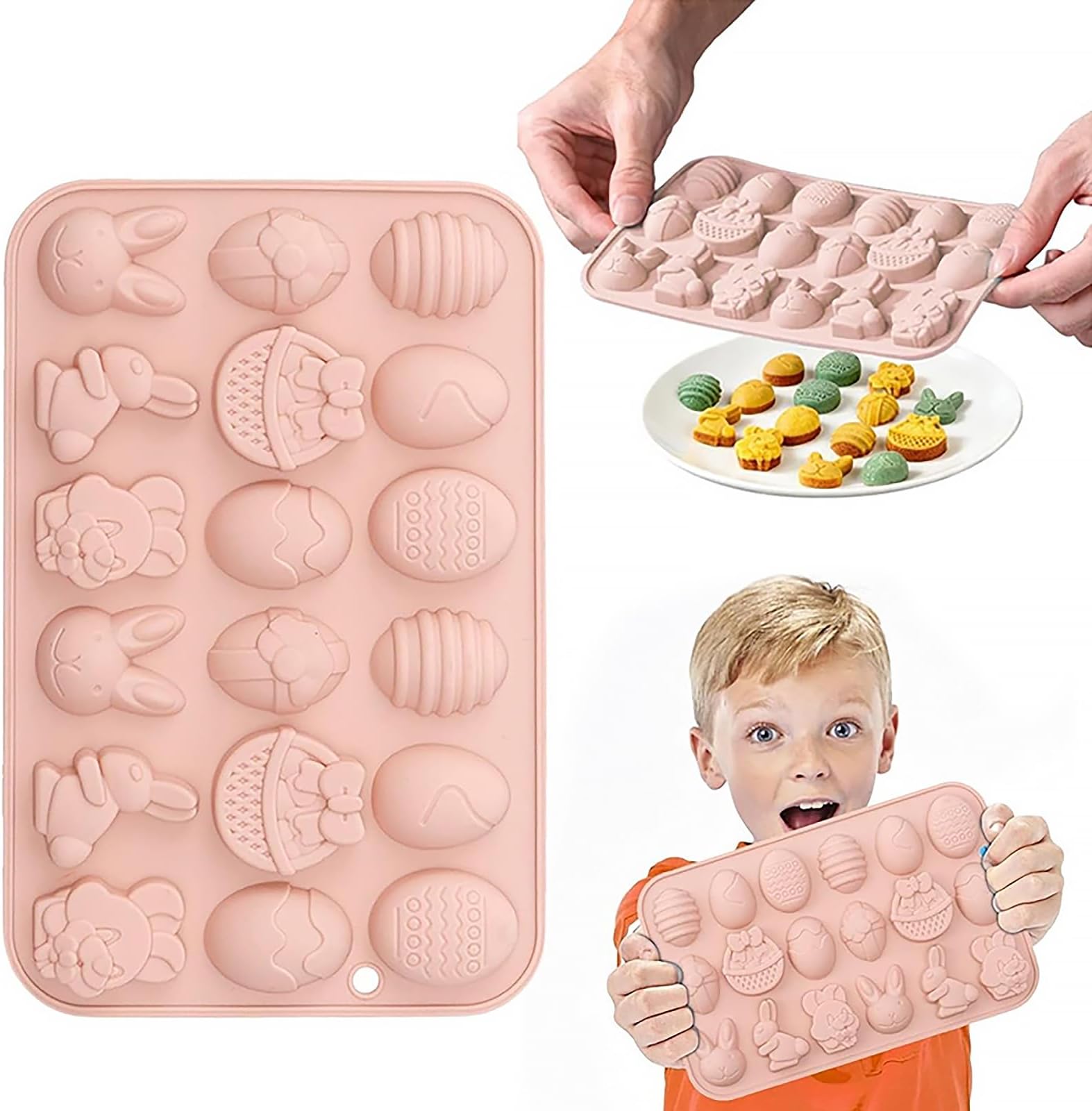 Easter Silicone Molds - 9 Shaped 18 Cavities 3D Rabbit Egg Basket Shapes, Non-Stick Chocolate Gummy Mould for Jello, Ice Cube & Easter Party Cake Decoration