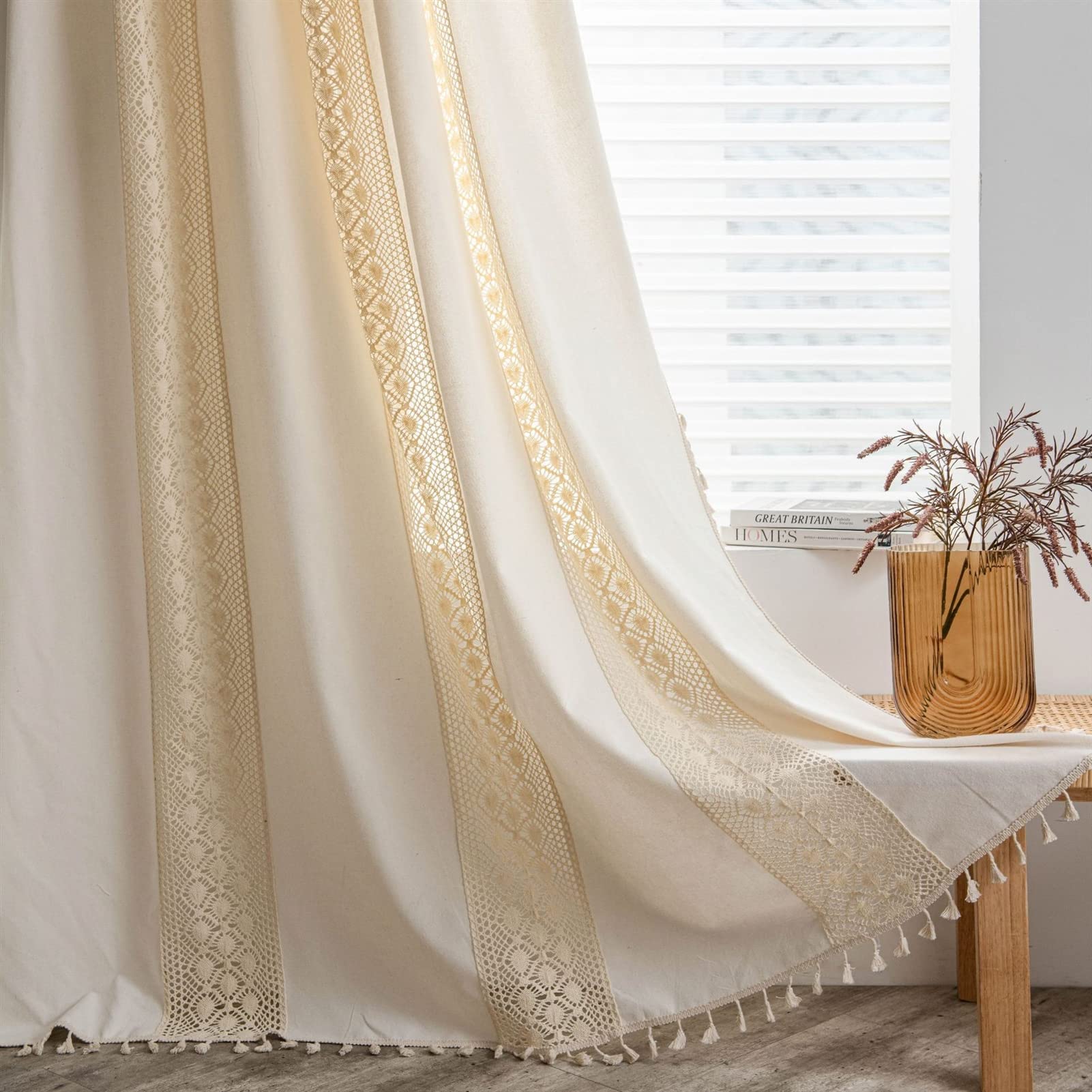 Rideaux semi-occultants beige anti-regards rideau de chambre rustique à pompon