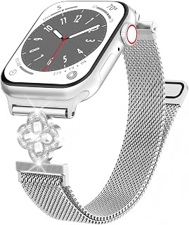 Thin Mesh Loop Compatible with Apple Watch Bands for Women 40mm 41mm 38mm 42mm Series 10 9 8 7 6 5 4 3 2 1 SE, Metal Stainless Steel Magnetic Strap with Clover Diamond Clasp for iWatch Bands
