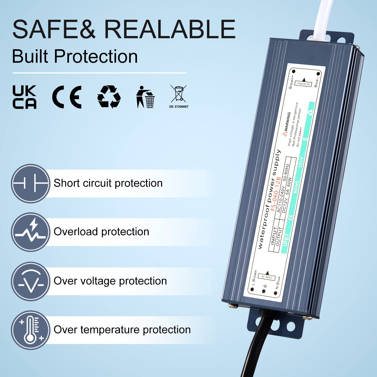 Transformateur 220v 110v BORDEAG Transformateur LED 12 V 60 W 5 A étanche IP67 Pilote D Alimentation 12v 5a