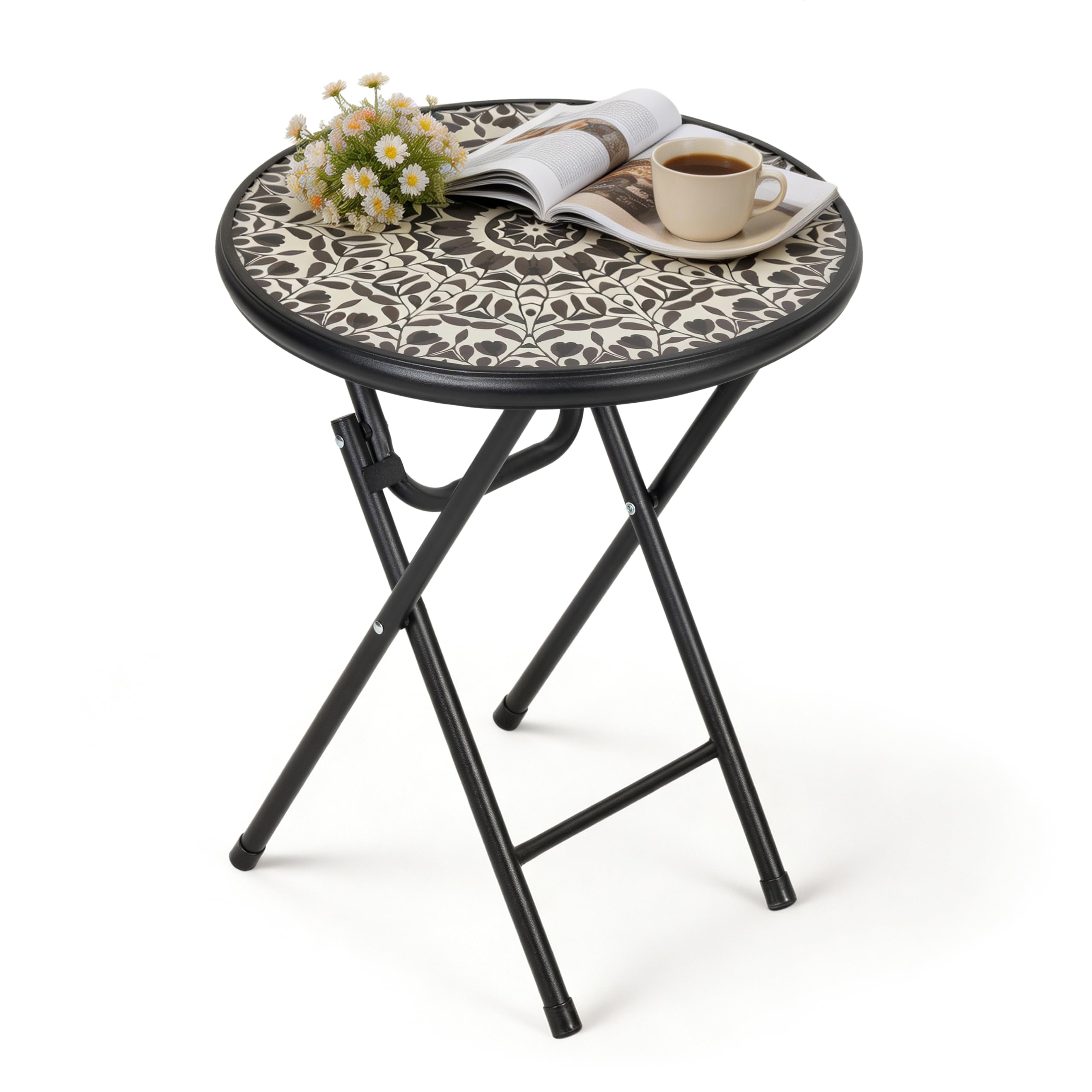 Avestar Klappbarer Beistelltisch Outdoor Wetterfest, Schwarz-Weiß | 45 cm runder Garten-Beistelltisch, balkontisch klein mit gehärtete Glasplatte, pulverbeschichtetes Gestell, Blumenmuster