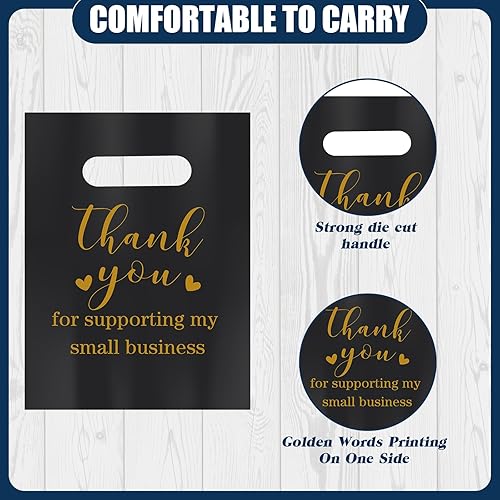 Miniatura 9 de Abbylike 300 bolsas negras de mercancía de agradecimiento con asas troqueladas, bolsas de compras de plástico a granel, 3 tamaños, bolsas de regalo