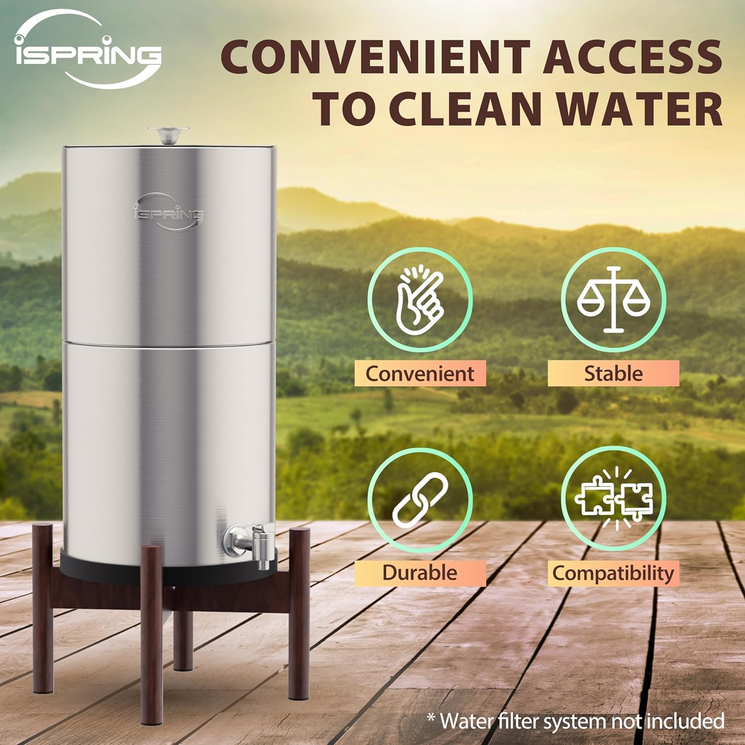 iSpring Wooden Stand for DGF2 Gravity-Fed Stainless Steel Countertop Water Filter System, Dark Wood