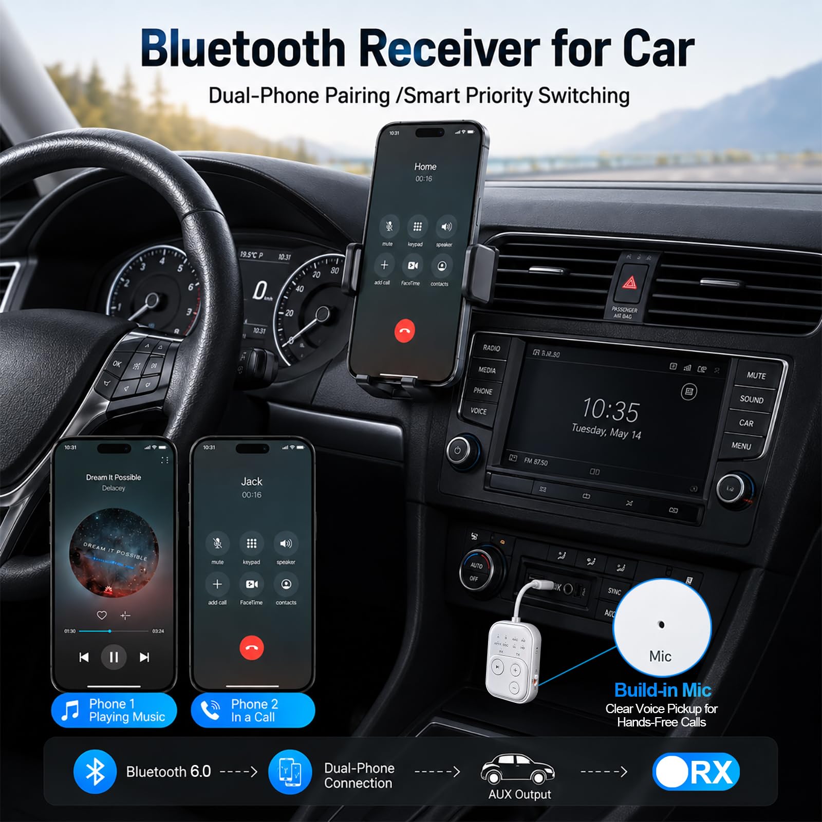 2026 Upgarded Bluetooth 5.4 Receptor transmisor, adaptador Bluetooth 2 en 1 para coche, viajes, avión, soporta 2 AirPods/auriculares, adaptador inalámbrico con aptX baja latencia, larga