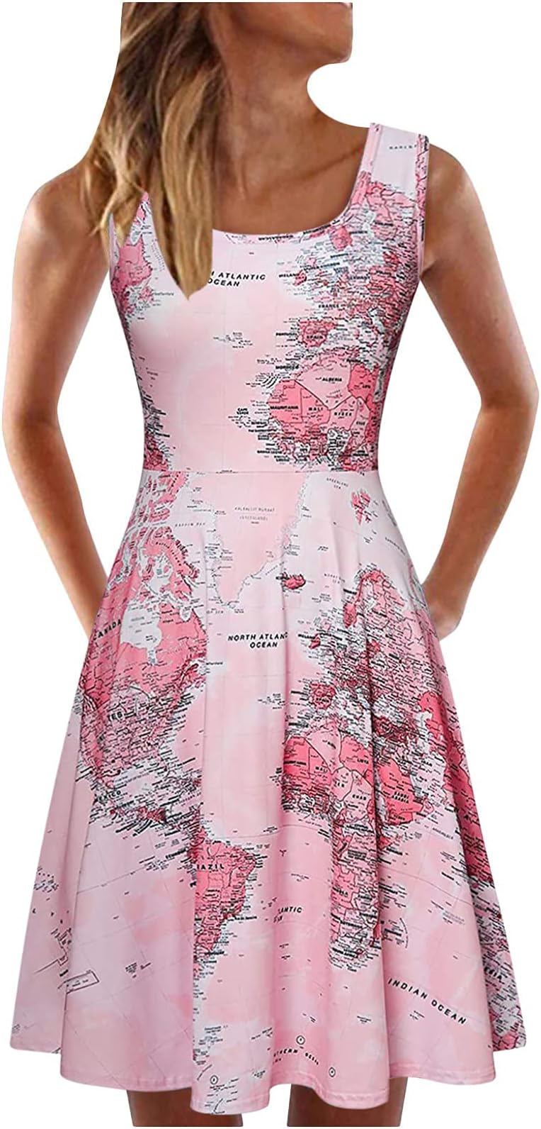 AMhomelyWomen Casual Sleeveless Dress O-Neck Map Print Knee-Length Beach Dress UK Size Party Elegant Dress Sale