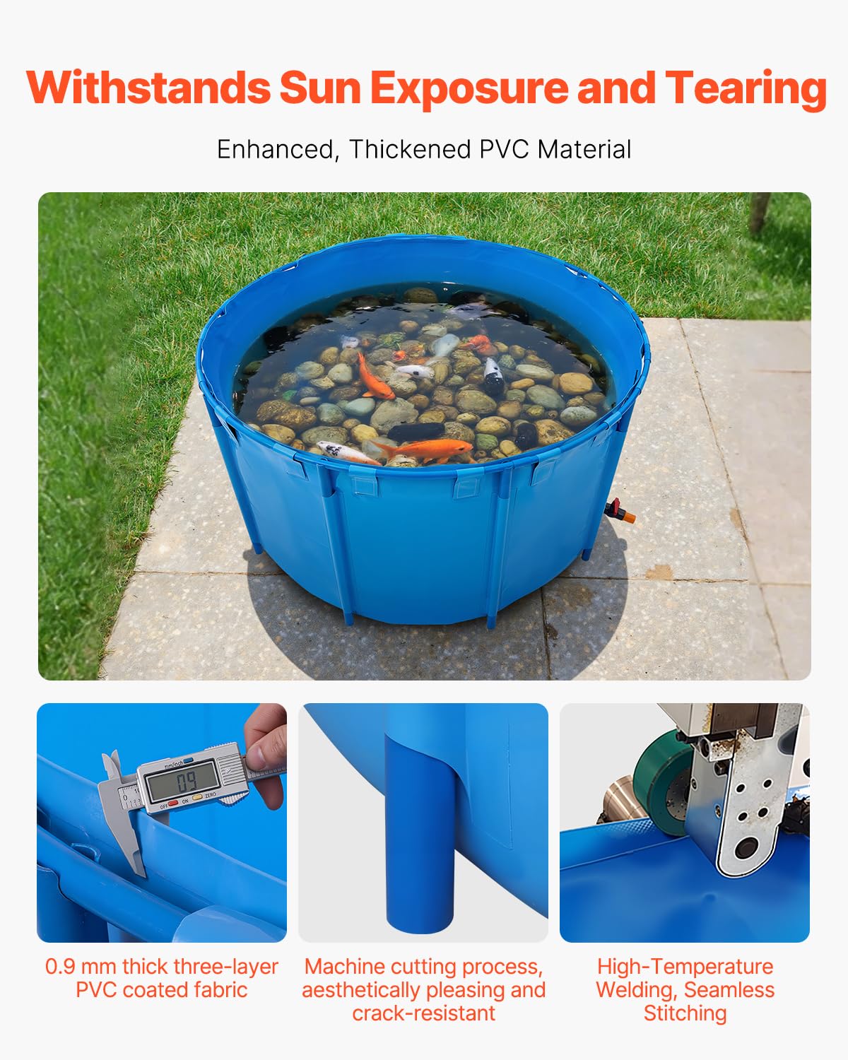 VEVOR Fischteich aus Segeltuch, mit 3100L Fassungsvermögen, Koi-Aquarium aus PVC, rundes Goldfischbecken mit stabilem Rahmen & Ablassventil, für Aquakultur, Koi-Zucht & Bewässerung (blau)