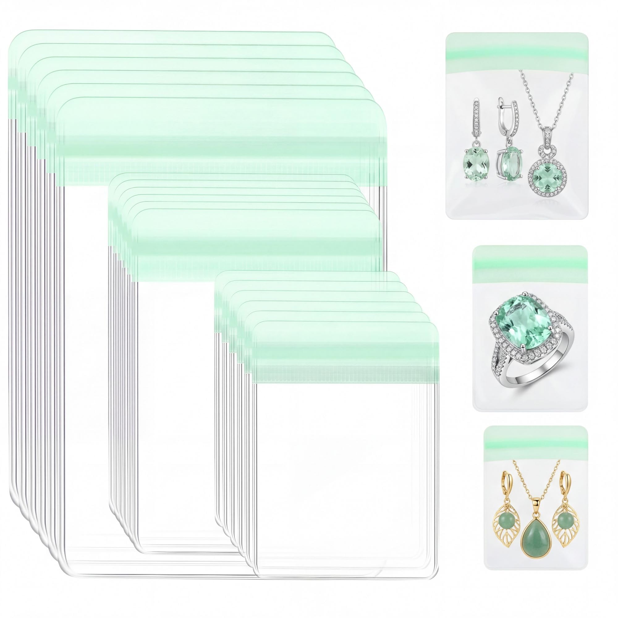 Clabby 120 Pcs Clear Plastic Jewelry Bags, 3 Sizes, Green