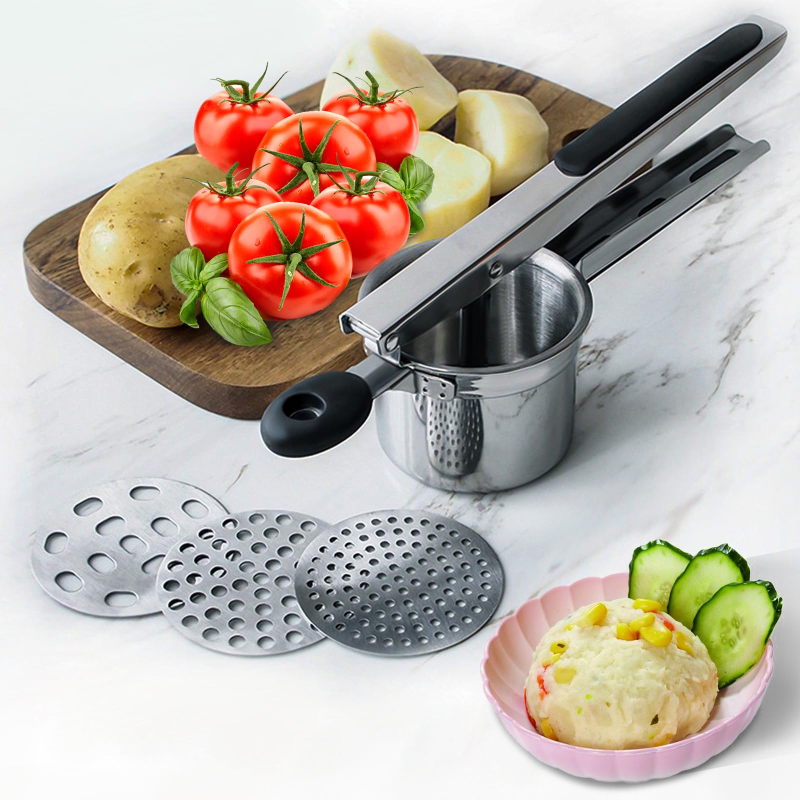 Schiacciapatate Manuale, Pressa Manuale per Patate in Acciaio Inox con 3 Colini Sostituibili per Purè di Patate, Frutta, Verdure, bébé