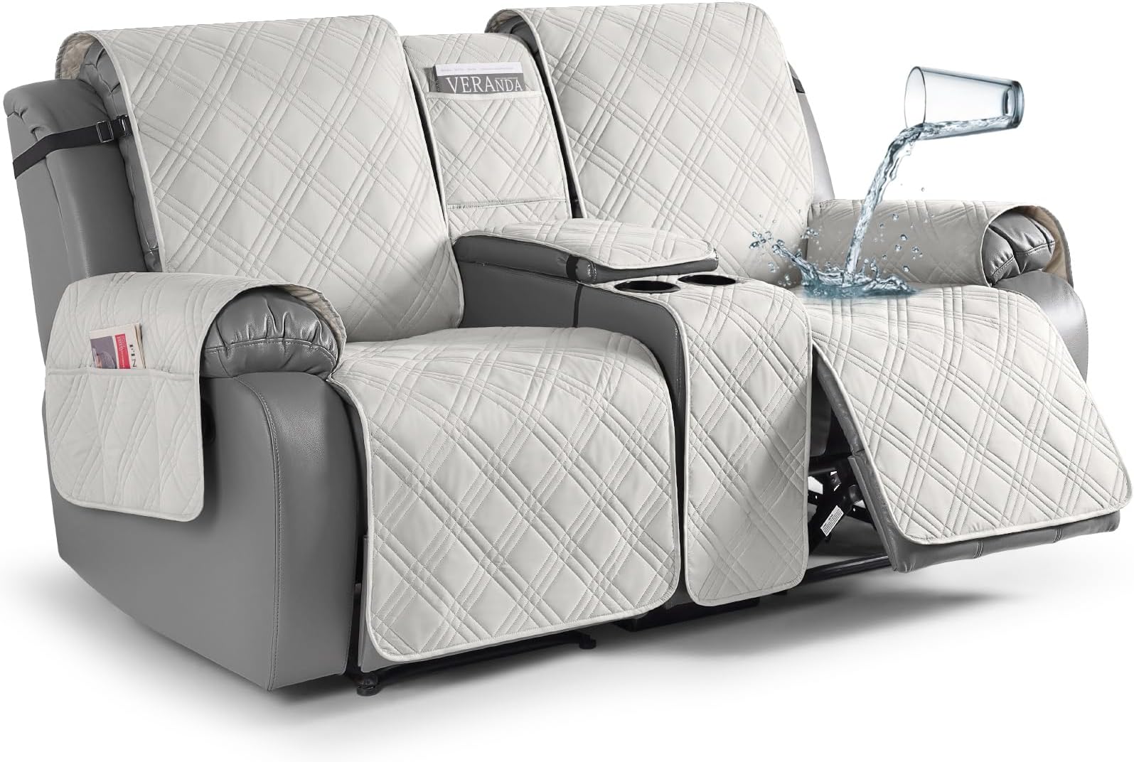 TAOCOCO Loveseat Recliner Cover with Console, Non-Slip Split Reclining Pet Cover for Dual Loveseat Recliner, Furniture Protector with Elastic Straps (2 Seater, Off White)